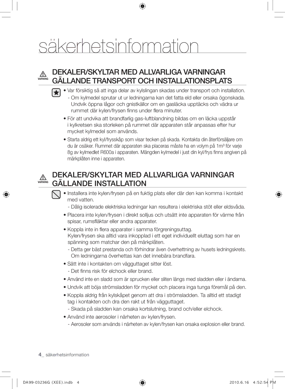 Samsung RL39TGCIH1/XEF, RL39TGCSW1/XEF manual Säkerhetsinformation 