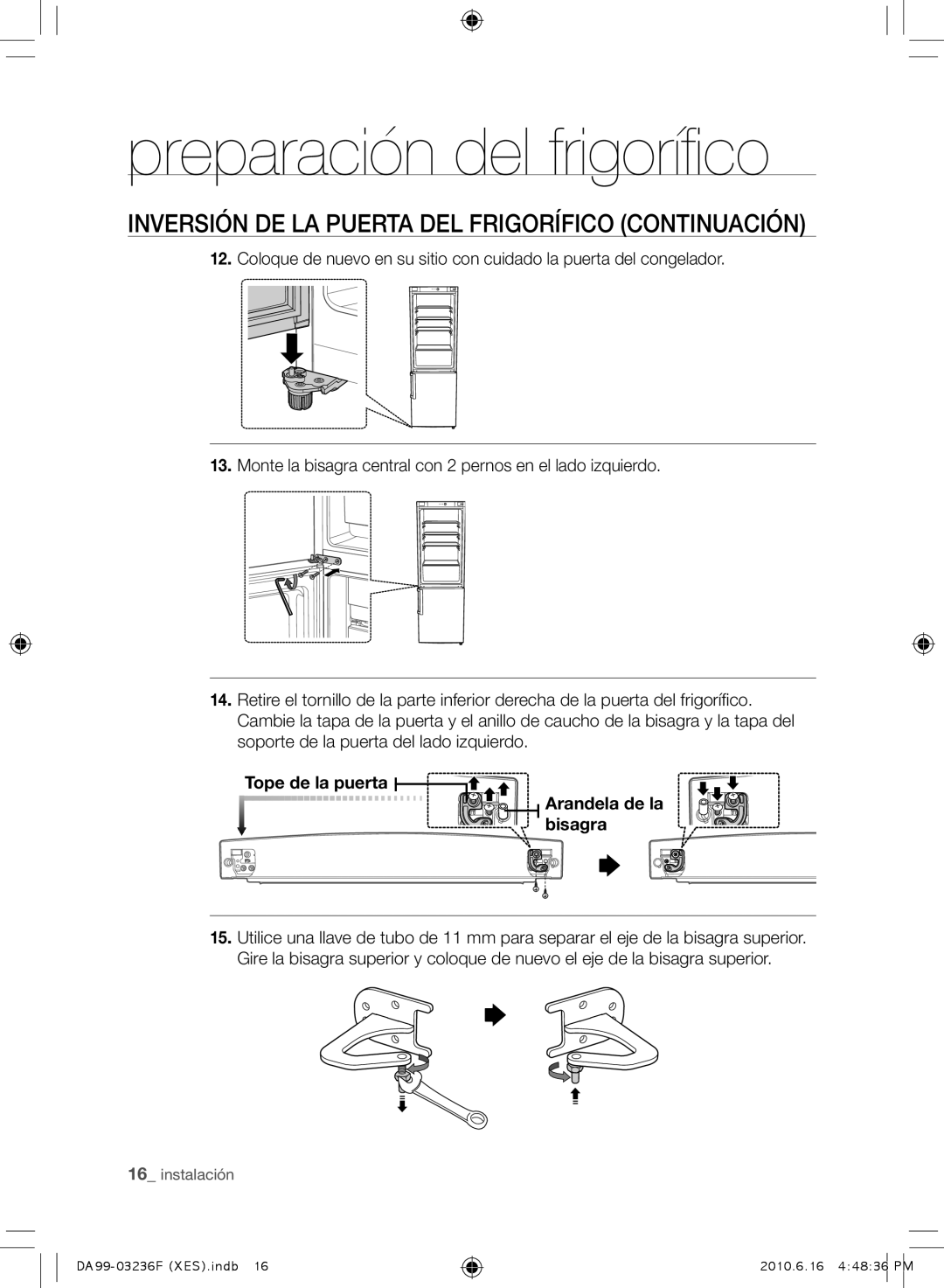 Samsung RL39THCTS1/XES, RL23THCTS1/XEG, RL39TRCMG1/XEF, RL39THCMG1/XEF manual Tope de la puerta Arandela de la bisagra 