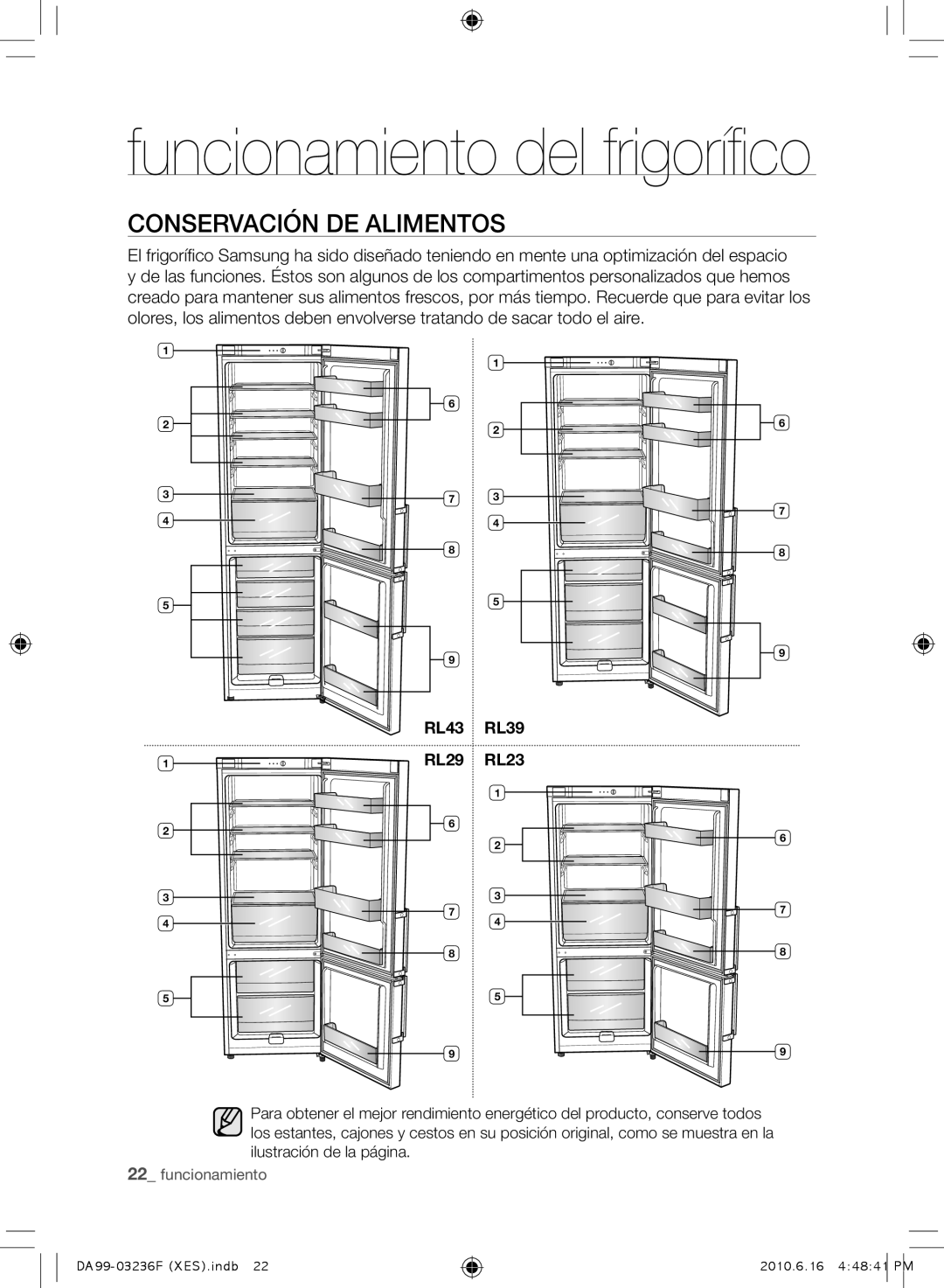 Samsung RL39TGCIH1/XEF, RL39THCTS1/XES, RL23THCTS1/XEG manual Funcionamiento del frigorífico, CONSERVACIóN DE ALImENTOS 