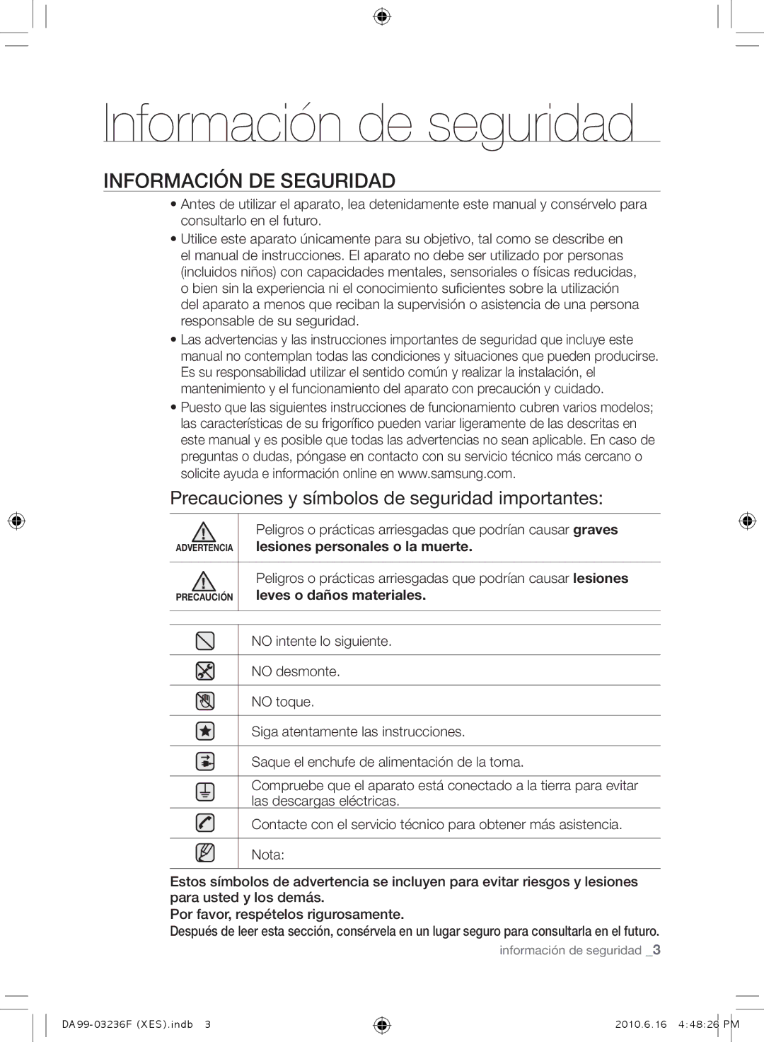 Samsung RL39THCMG1/XEF, RL39THCTS1/XES Información de seguridad, INFORmACIóN DE Seguridad, Lesiones personales o la muerte 