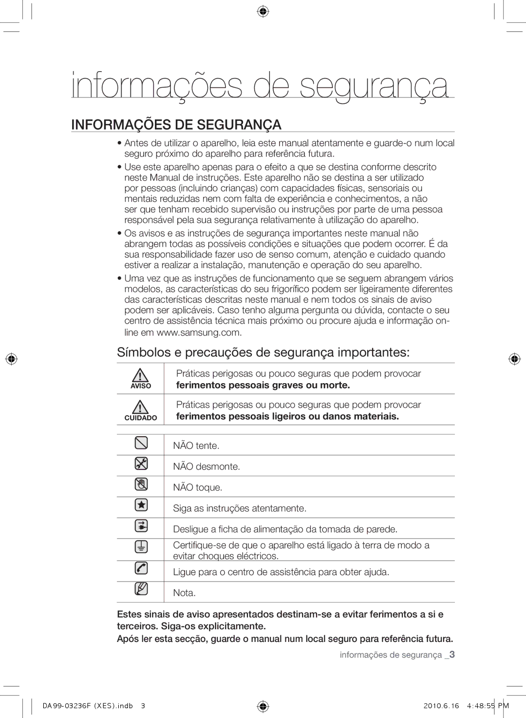 Samsung RL23THCTS1/XEO Informações de segurança, INFORmAçõES DE SEGURANçA, Símbolos e precauções de segurança importantes 