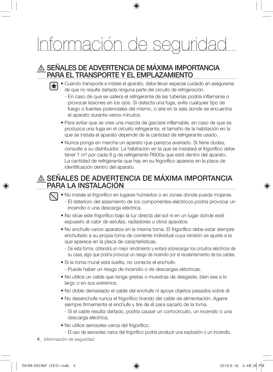 Samsung RL23THCTS1/XES, RL39THCTS1/XES, RL23THCTS1/XEG, RL39TRCMG1/XEF, RL39THCMG1/XEF manual Información de seguridad 