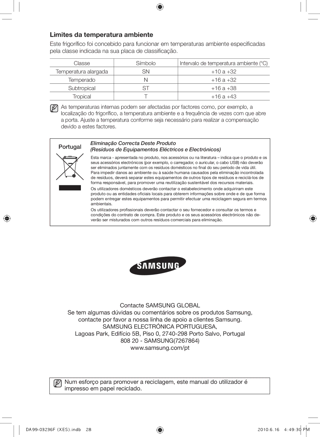 Samsung RL39THCTS1/XES, RL23THCTS1/XEG, RL39TRCMG1/XEF, RL39THCMG1/XEF manual Limites da temperatura ambiente, Portugal 