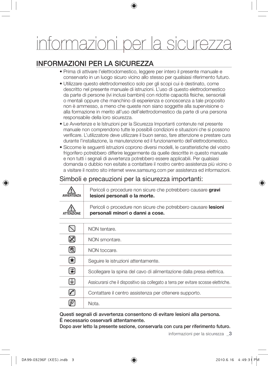 Samsung RL39THCMG1/XEF, RL39THCTS1/XES INFORmAZIONI PER LA Sicurezza, Simboli e precauzioni per la sicurezza importanti 