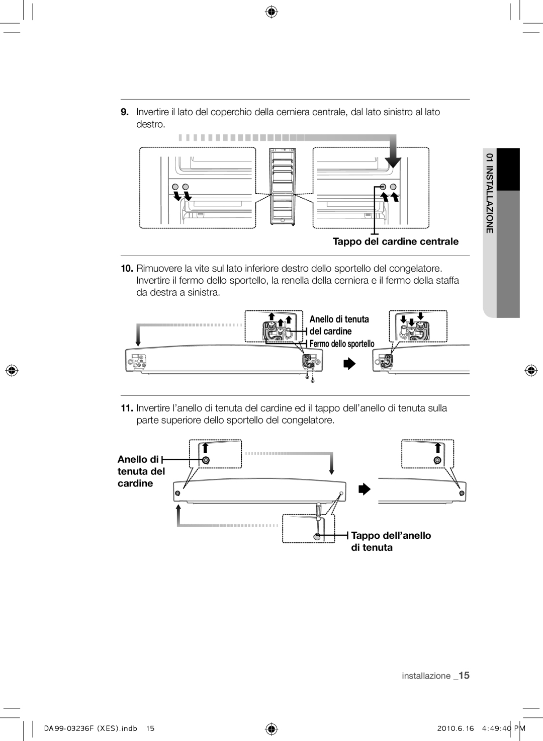 Samsung RL23THCTS1/XEO, RL39THCTS1/XES manual Tappo del cardine centrale, Anello di tenuta Del cardine Fermo dello sportello 