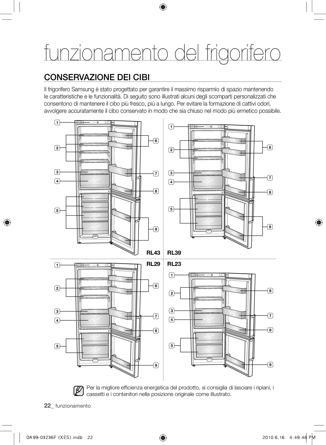 Samsung RL39TGCIH1/XEF, RL39THCTS1/XES, RL23THCTS1/XEG, RL39TRCMG1/XEF Funzionamento del frigorifero, Conservazione DEI Cibi 