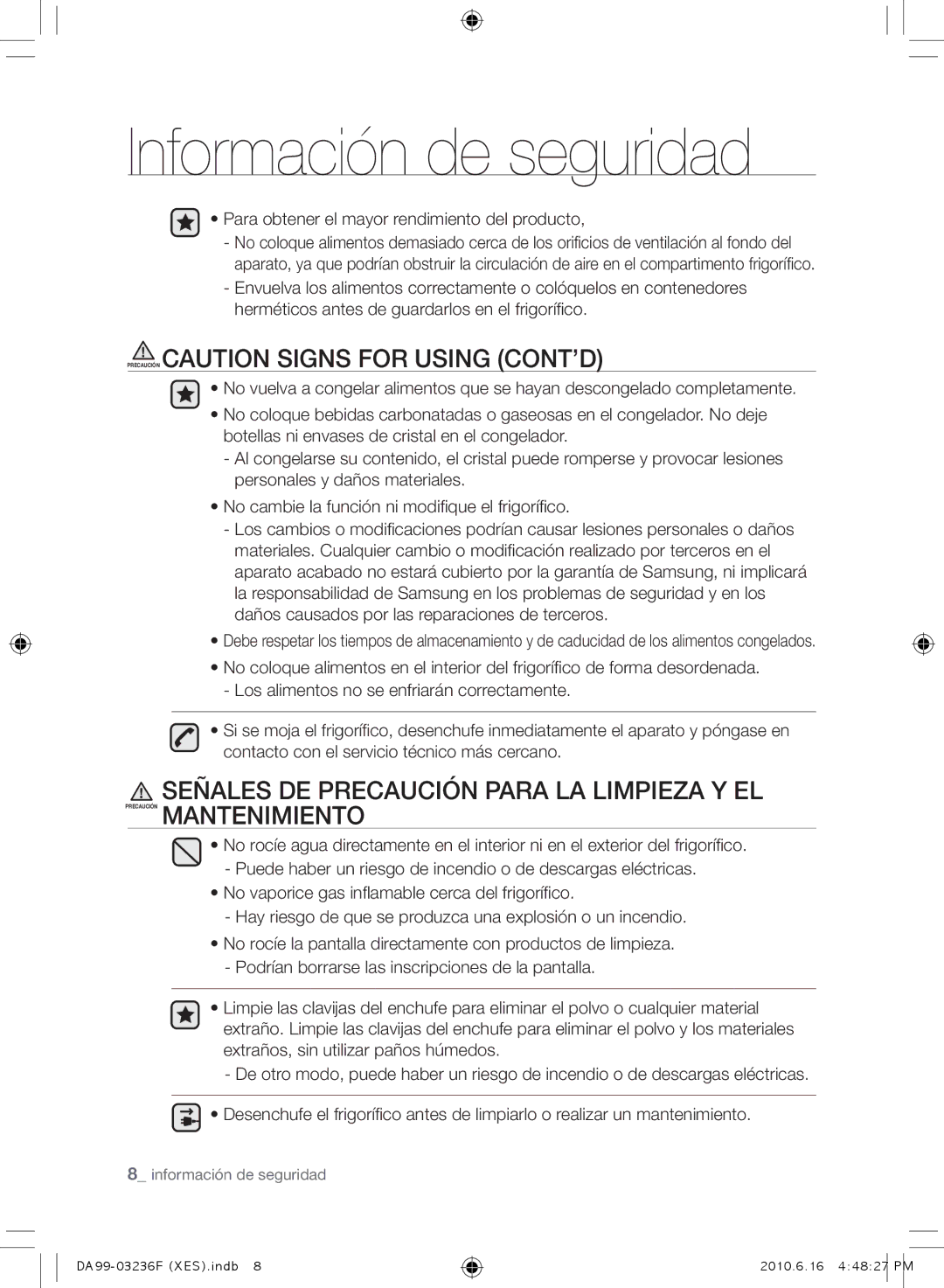 Samsung RL39THCTS1/XES manual Precaución Caution Signs for Using cont’d, Para obtener el mayor rendimiento del producto 