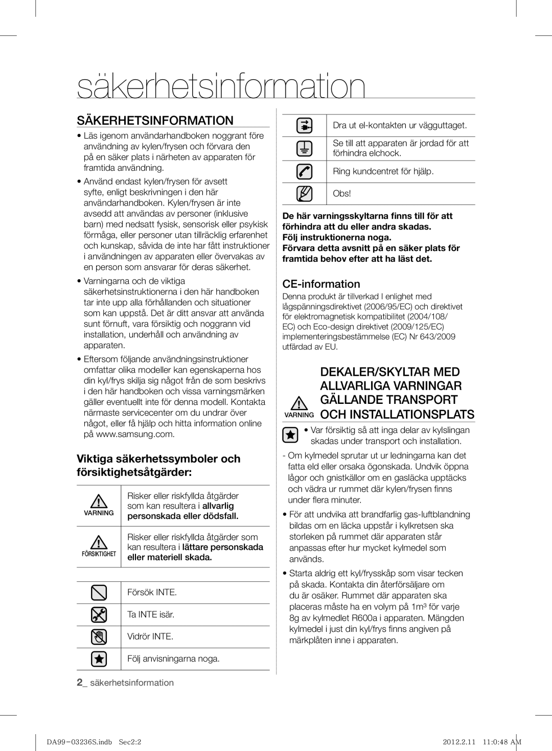 Samsung RL39TJCSW1/XEF manual Säkerhetsinformation, Viktiga säkerhetssymboler och försiktighetsåtgärder, CE-information 