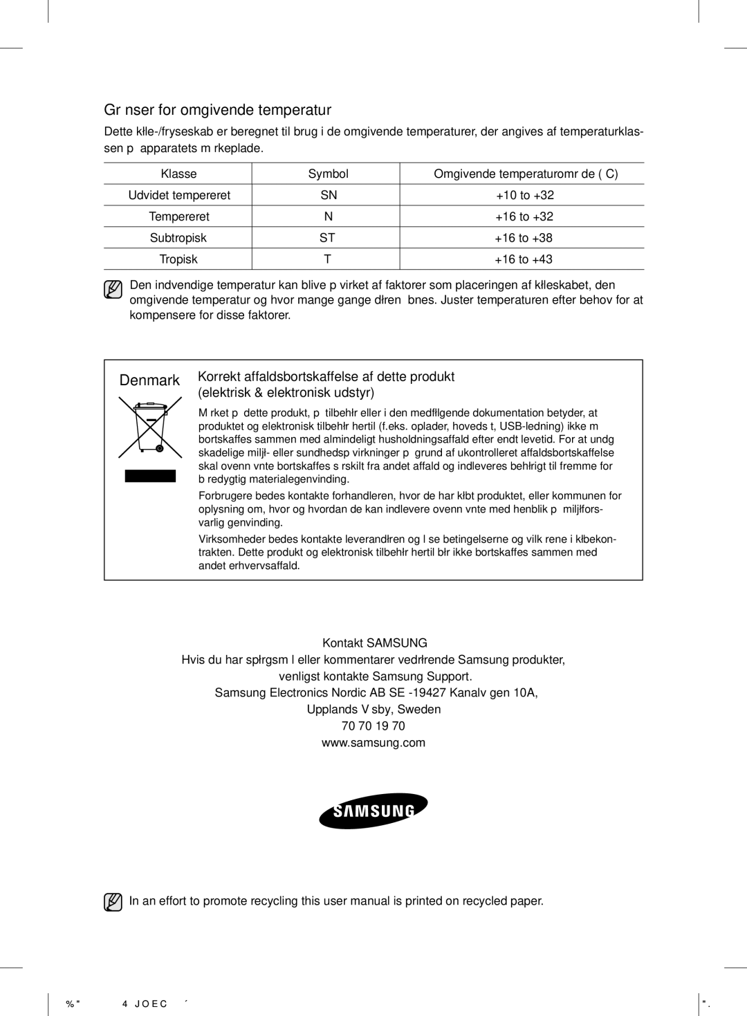 Samsung RL39TJCSW1/XEF manual Grænser for omgivende temperatur, +10 to +32 