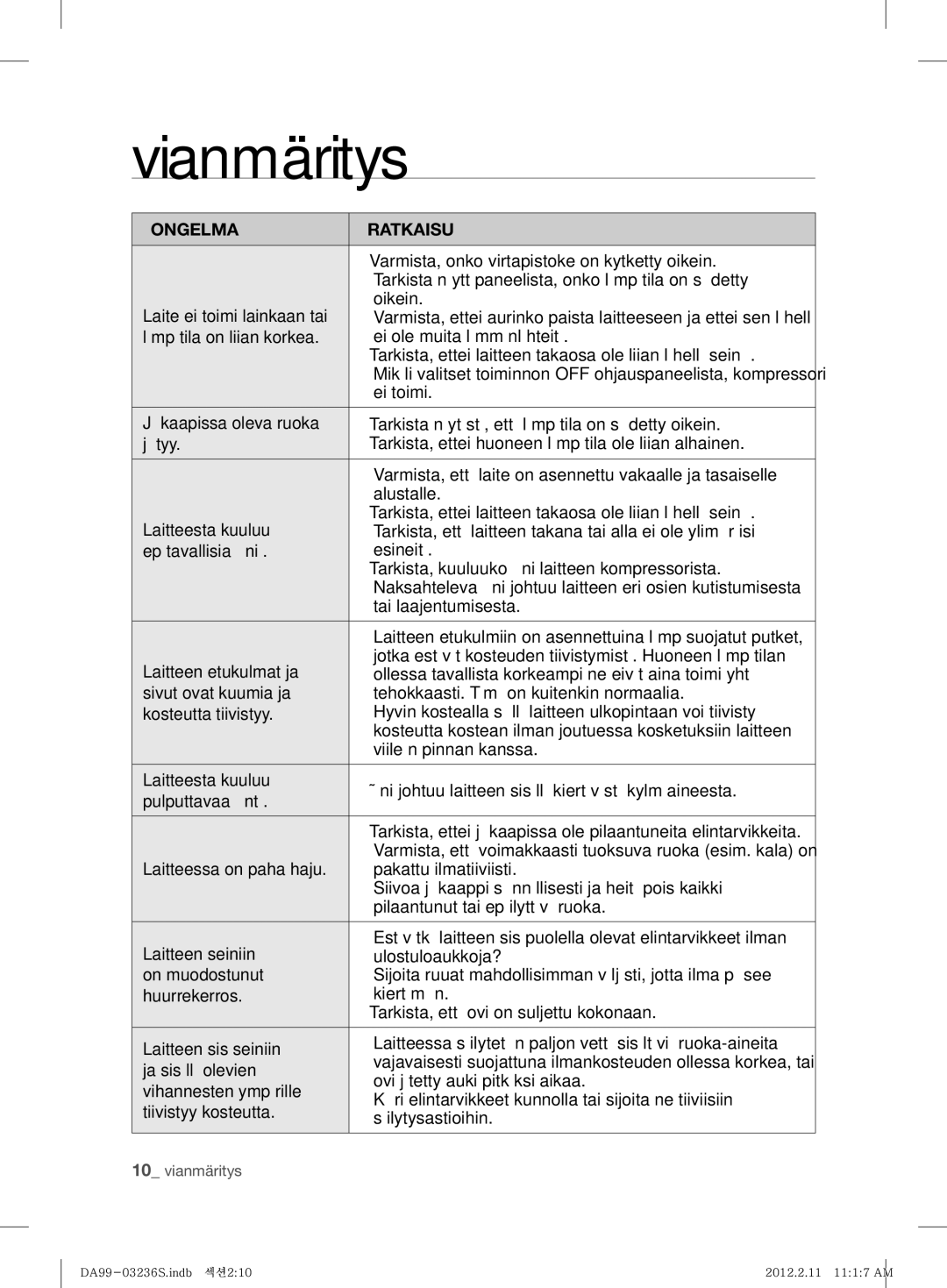 Samsung RL39TJCSW1/XEF manual Vianmäritys 