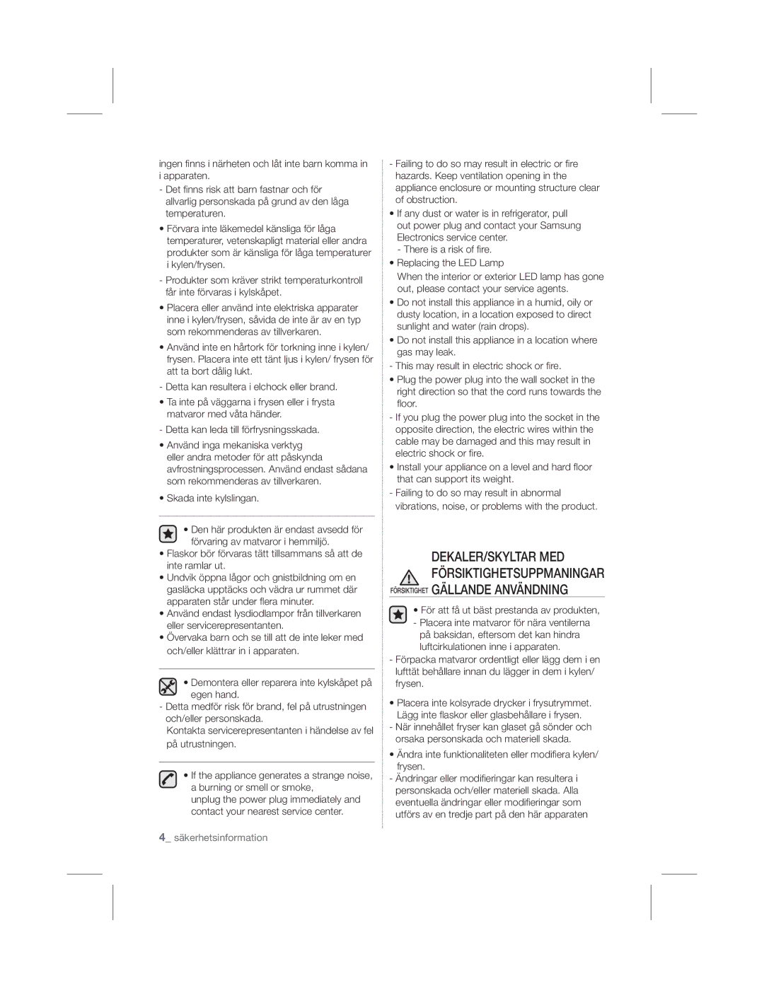 Samsung RL39TJCSW1/XEF manual Försiktighet Gällande Användning, 6NDGDLQWHN\OVOLQJDQ, 5HSODFLQJWKH//DPS 