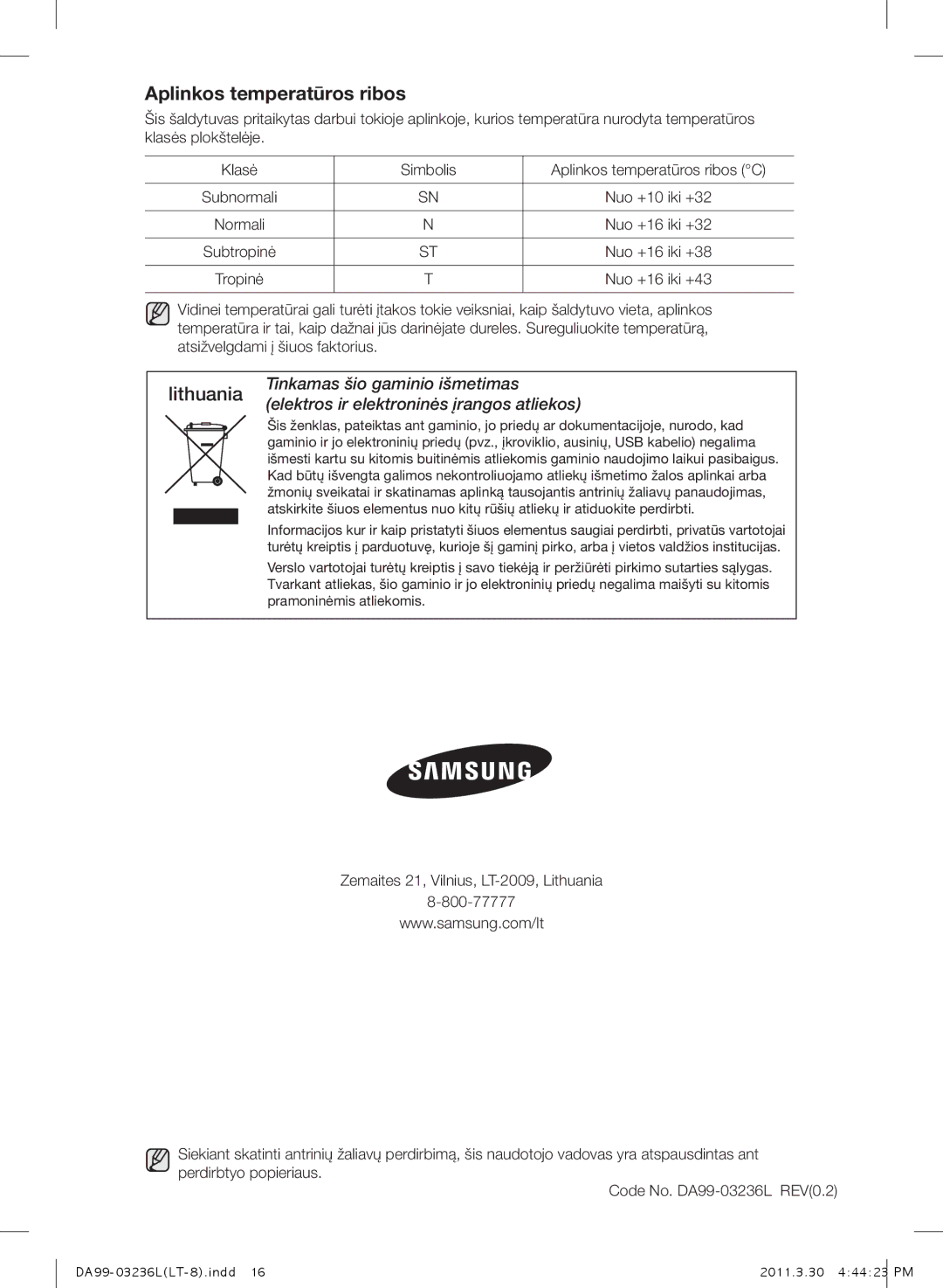 Samsung RL39TJCSW1/XEO, RL43TJCTS1/XEO manual Aplinkos temperatūros ribos, Lithuania, Tinkamas šio gaminio išmetimas 