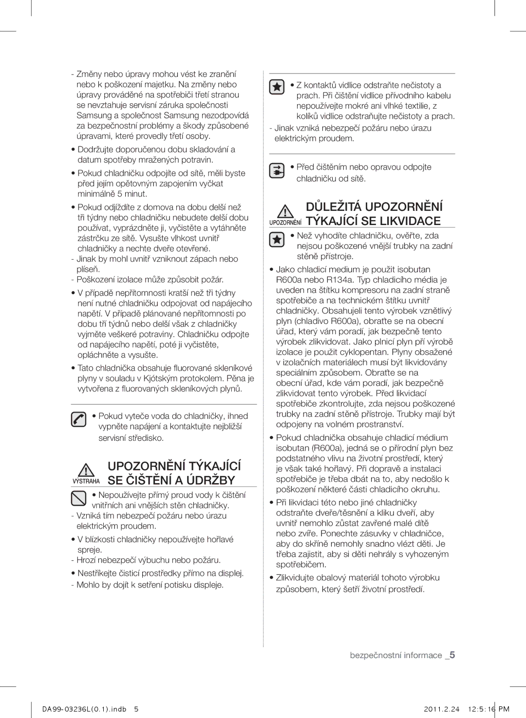 Samsung RL43TJCTS1/XEO, RL39TJCSW1/XEO, RL43TJCSW1/XEO, RL39TJCTS1/XEO manual Upozornění Týkající Výstraha SE Čištění a Údržby 