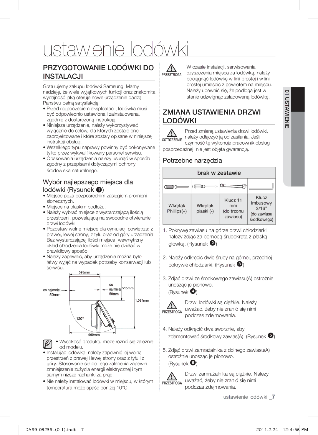 Samsung RL39TJCTS1/XEO manual Ustawienie lodówki, Przygotowanie Lodówki do Instalacji, ZmIANA Ustawienia Drzwi Lodówki 