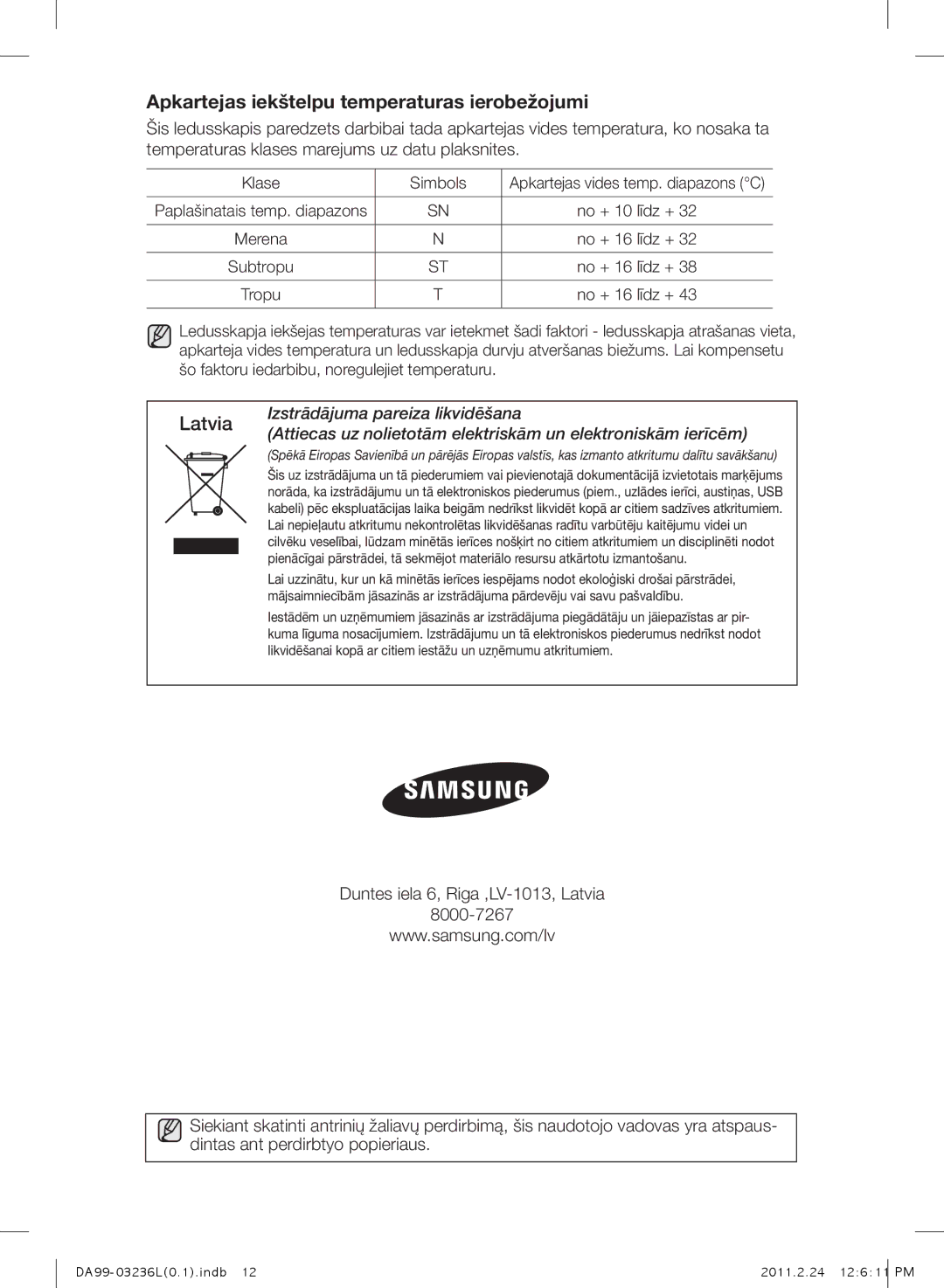 Samsung RL39TJCSW1/XEO, RL43TJCTS1/XEO, RL43TJCSW1/XEO manual Apkartejas iekštelpu temperaturas ierobežojumi, Klase Simbols 