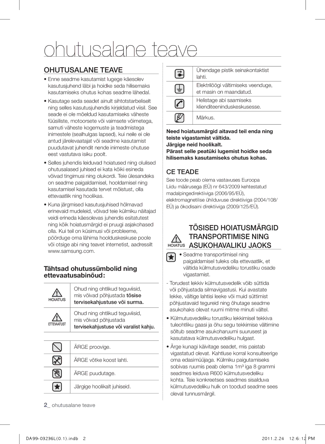 Samsung RL43TJCSW1/XEO manual Ohutusalane teave, Hoiatus Asukohavaliku Jaoks, Tähtsad ohutussümbolid ning ettevaatusabinõud 