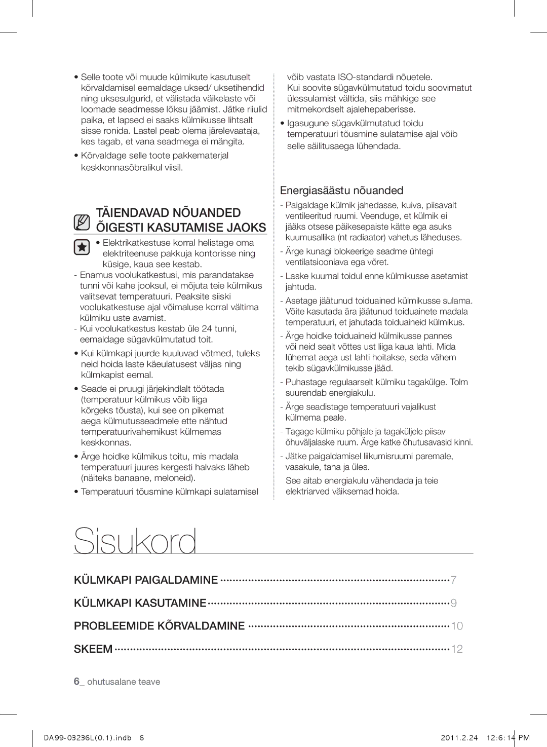 Samsung RL43TJCSW1/XEO, RL39TJCSW1/XEO manual Sisukord, Täiendavad Nõuanded Õigesti Kasutamise Jaoks, Energiasäästu nõuanded 