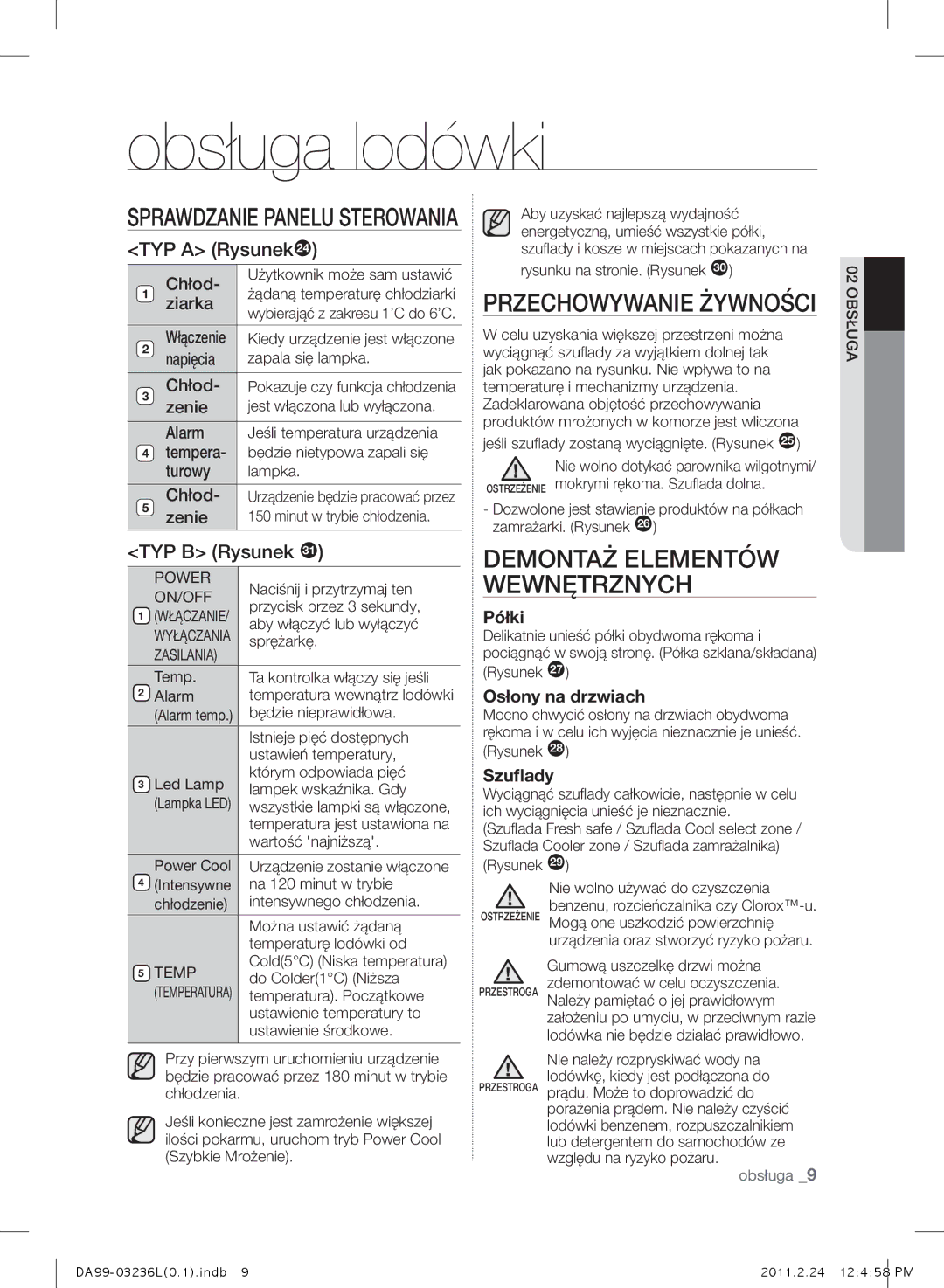 Samsung RL43TJCTS1/XEO, RL39TJCSW1/XEO, RL43TJCSW1/XEO, RL39TJCTS1/XEO manual Obsługa lodówki, TYP a Rysunek, TYP B Rysunek 