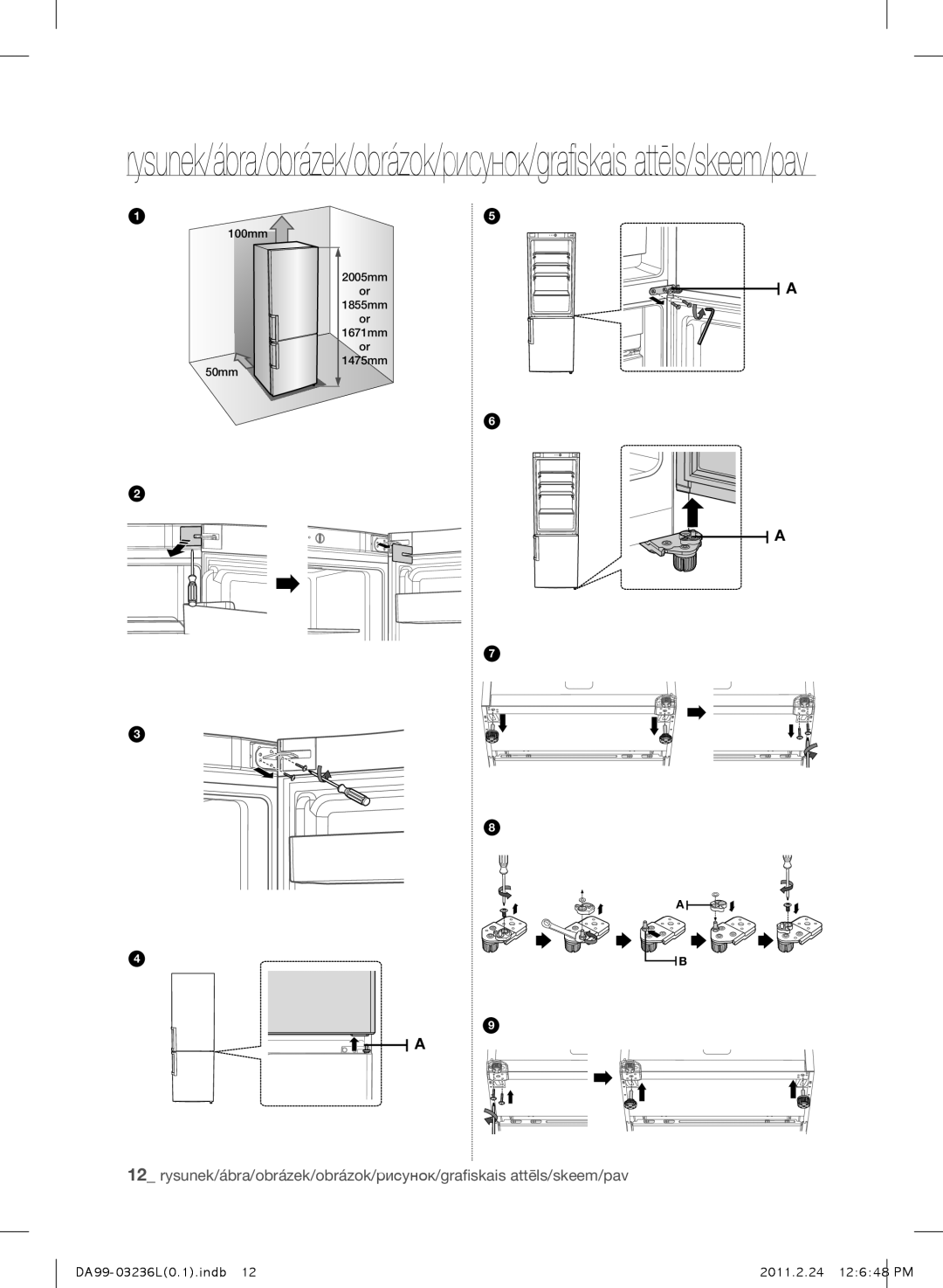 Samsung RL39TJCSW1/XEO, RL43TJCTS1/XEO, RL43TJCSW1/XEO, RL39TJCTS1/XEO manual 100mm 50mm 2005mm 1855mm 1671mm 1475mm 