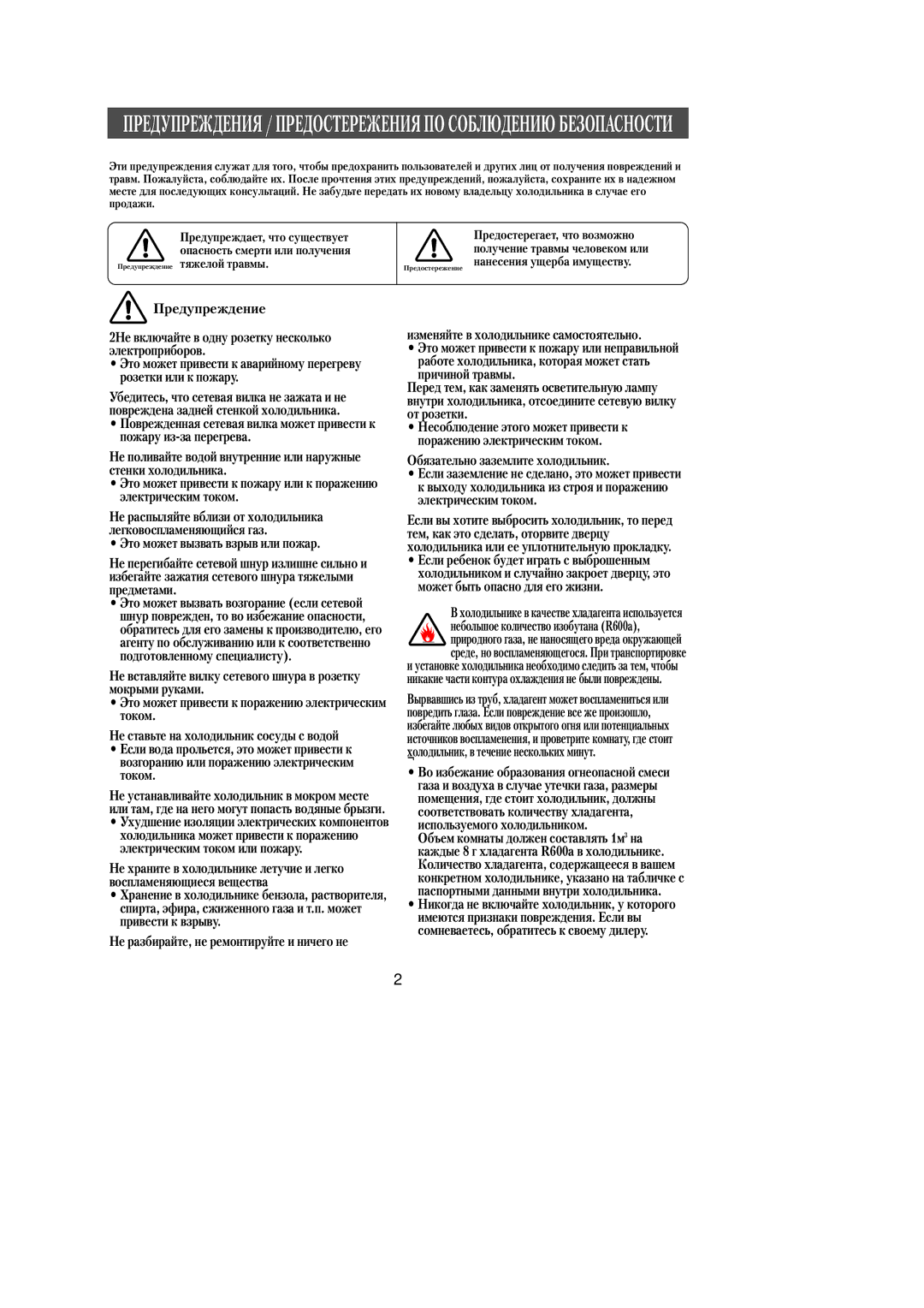 Samsung RL39WBMS1/XEK, RL39WBMS1/XEF, RL36EBSW1/XEE manual Предупреждения / Предостережения ПО Соблюдению Безопасности 