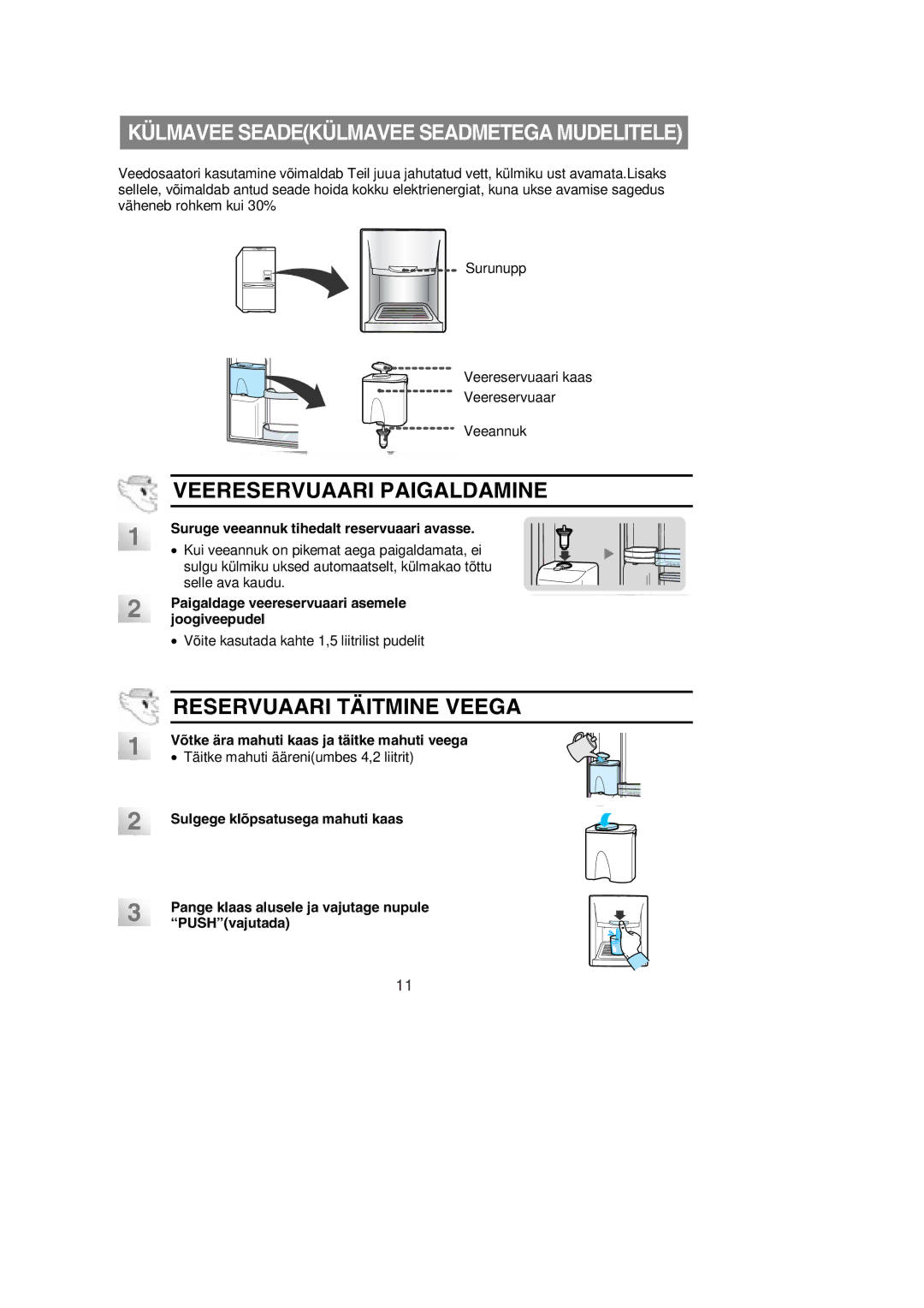 Samsung RL36EBSW1/XEK manual Suruge veeannuk tihedalt reservuaari avasse, Paigaldage veereservuaari asemele joogiveepudel 