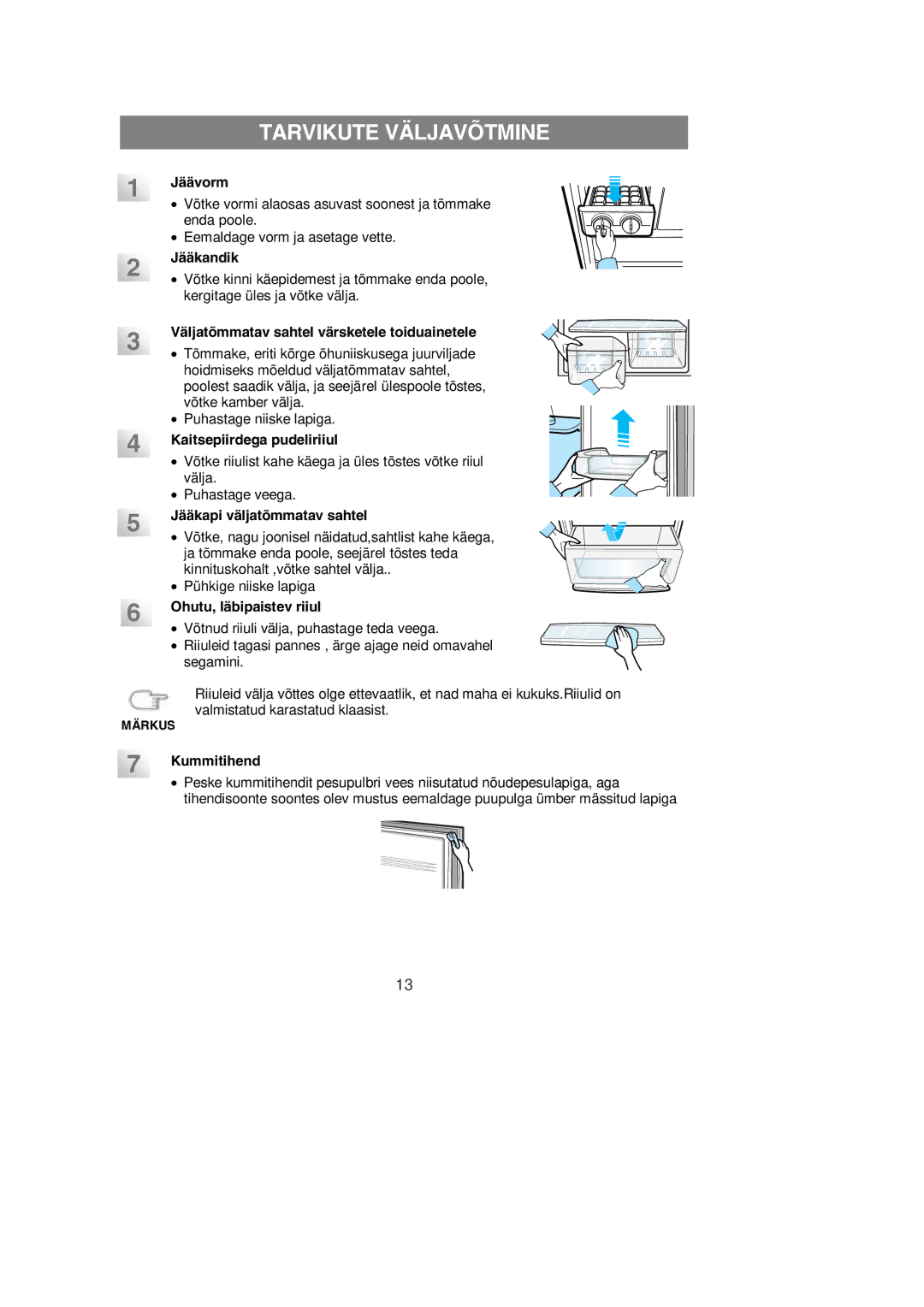 Samsung RL39SBSW1/XEK, RL39WBMS1/XEK, RL36EBSW1/XEK, RL36SBSW1/XEK, RL39EBSW1/XEK manual Tarvikute Väljavõtmine 