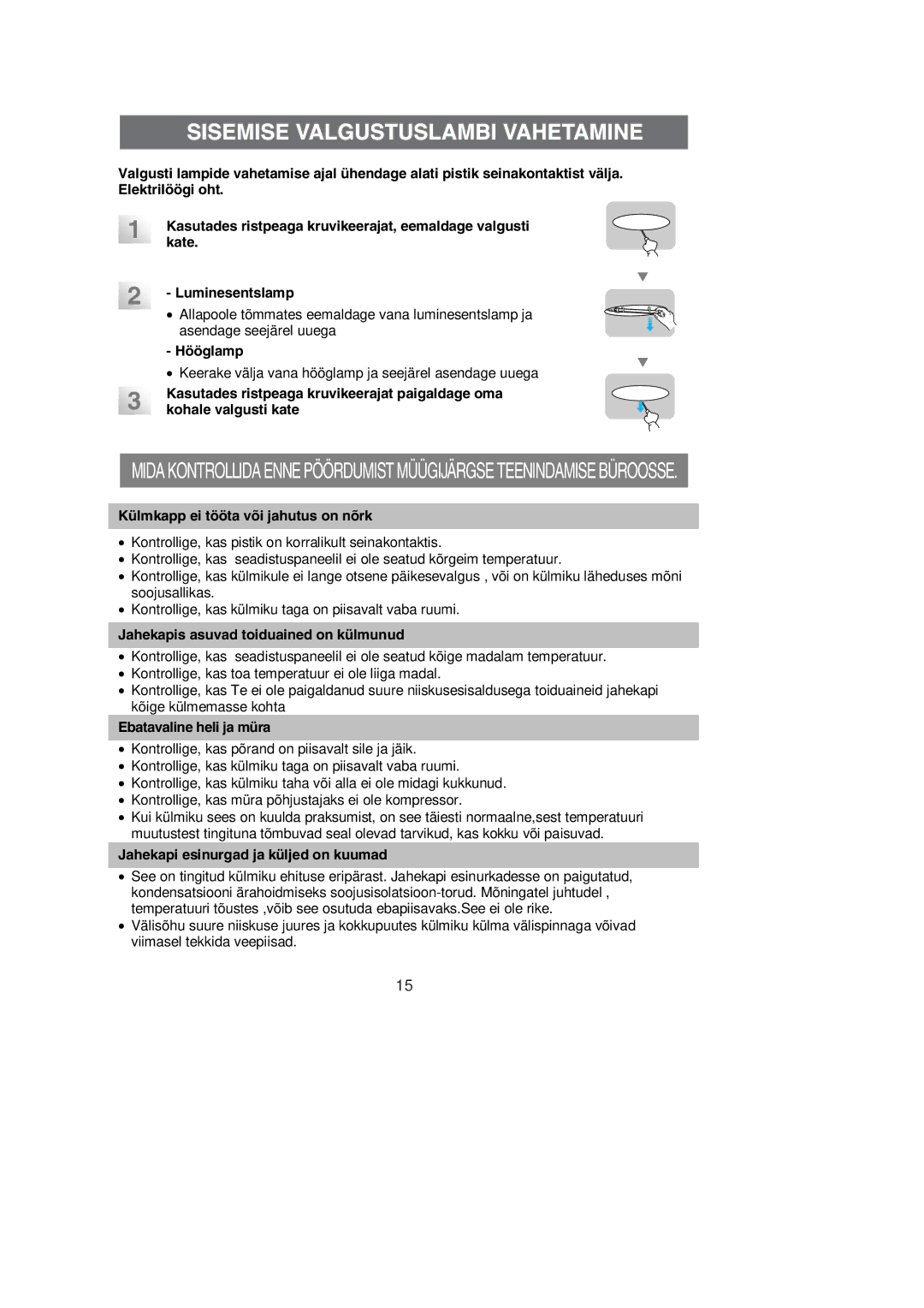 Samsung RL39WBMS1/XEK, RL36EBSW1/XEK, RL36SBSW1/XEK, RL39SBSW1/XEK, RL39EBSW1/XEK manual Sisemise Valgustuslambi Vahetamine 