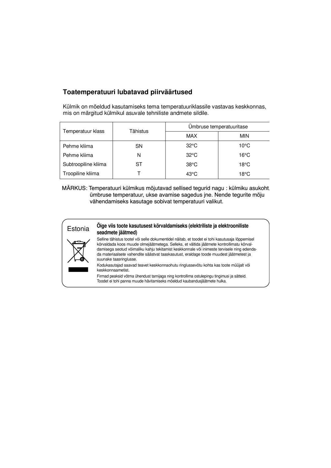 Samsung RL39SBSW1/XEK, RL39WBMS1/XEK, RL36EBSW1/XEK, RL36SBSW1/XEK, RL39EBSW1/XEK Toatemperatuuri lubatavad piirväärtused 