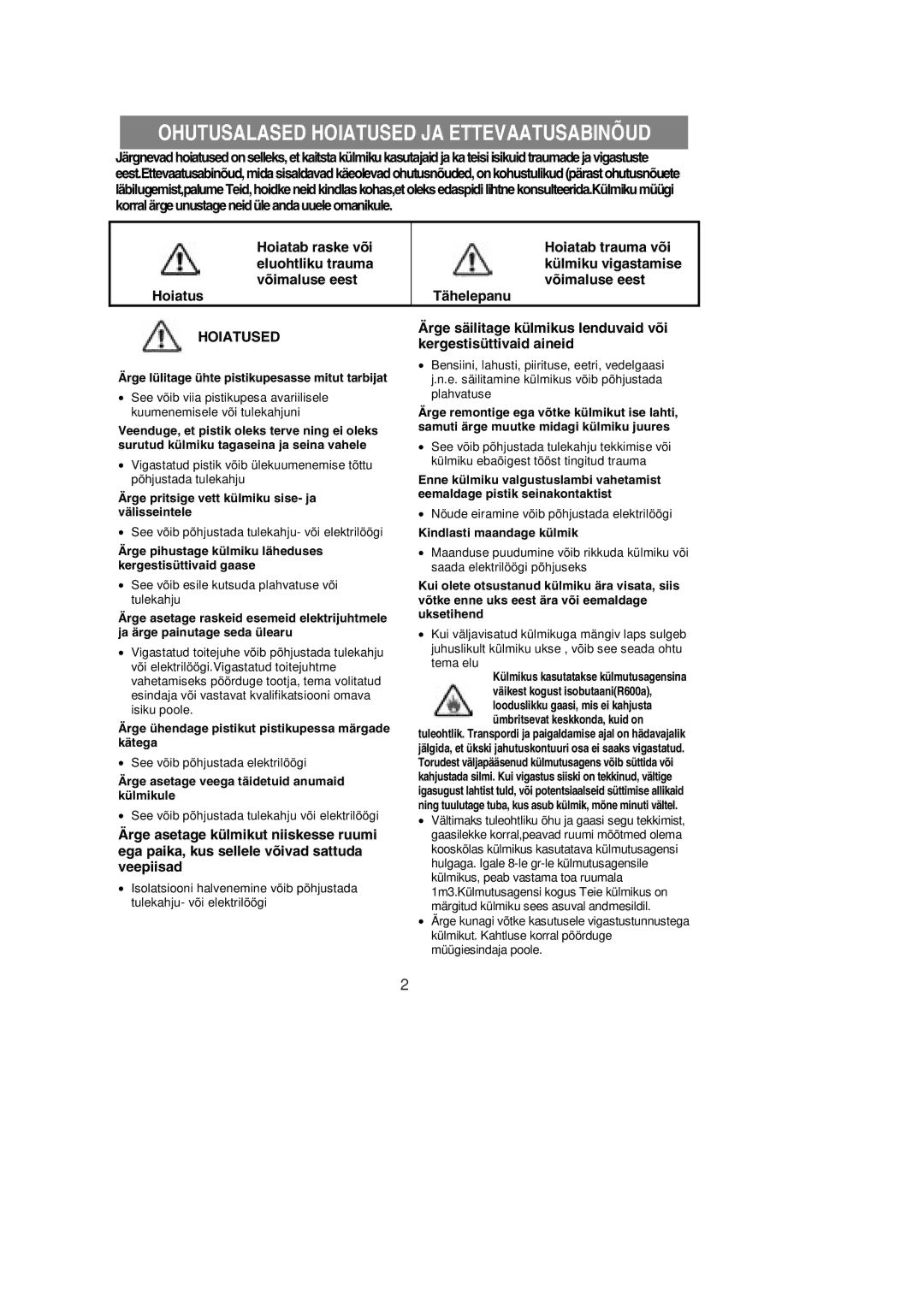 Samsung RL36SBSW1/XEK, RL39WBMS1/XEK manual Hoiatused, Ärge säilitage külmikus lenduvaid või, Kergestisüttivaid aineid 