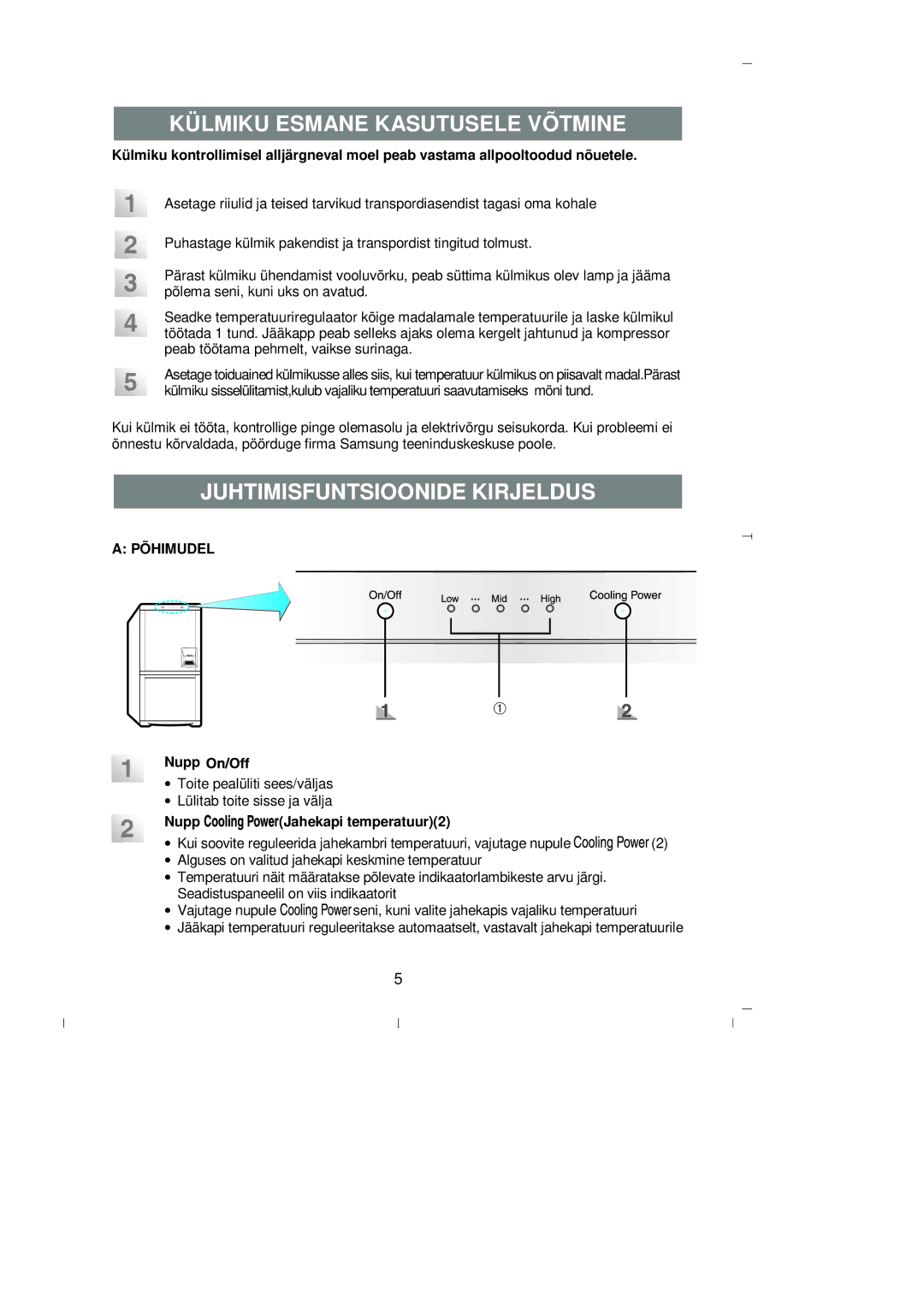 Samsung RL39WBMS1/XEK manual Külmiku Esmane Kasutusele Võtmine, Juhtimisfuntsioonide Kirjeldus, Põhimudel, NuppPOWER 