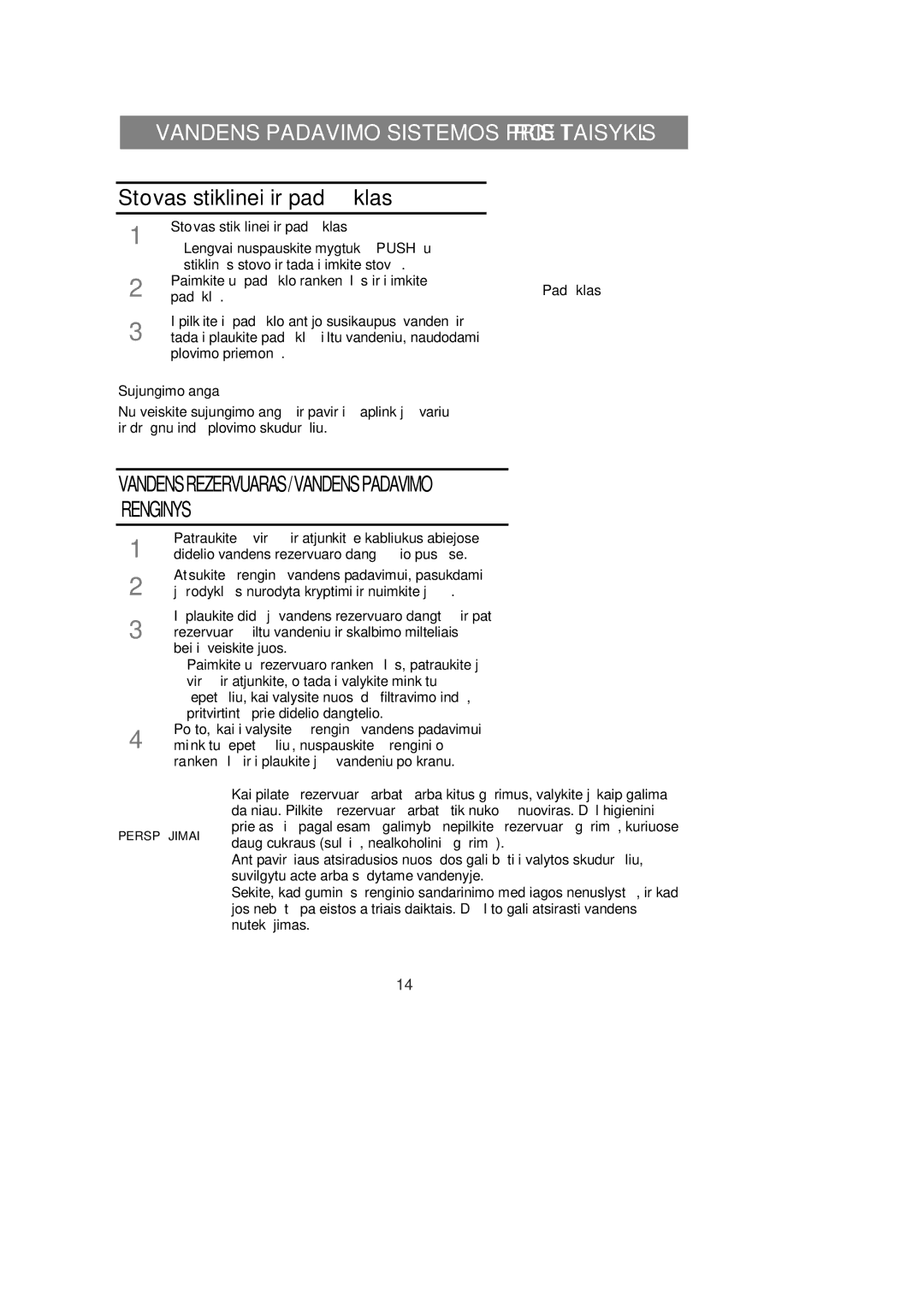 Samsung RL39EBSW1/XEK, RL39WBMS1/XEK manual Stovas stiklinei ir padėklas, VANDENSREZERVUARAS/VANDENSPADAVIMO Įrenginys 