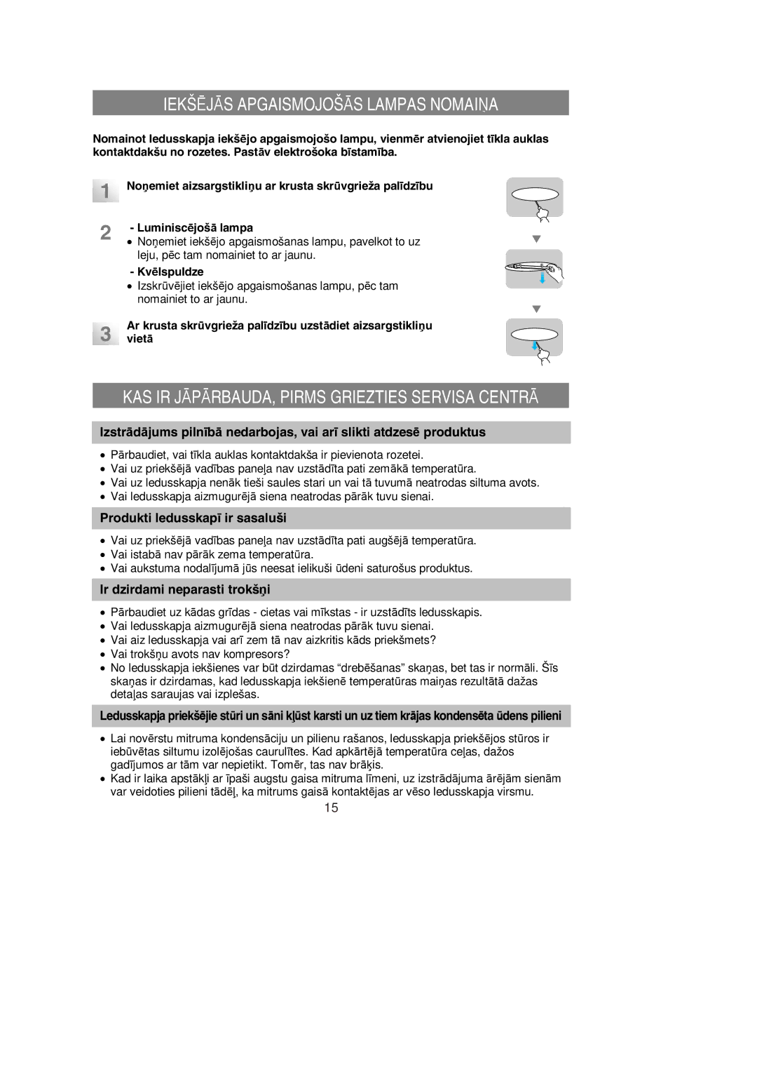 Samsung RL39WBMS1/XEK, RL36EBSW1/XEK, RL36SBSW1/XEK, RL39SBSW1/XEK manual Iekšējās Apgaismojošās Lampas Nomaiņa, Kvēlspuldze 