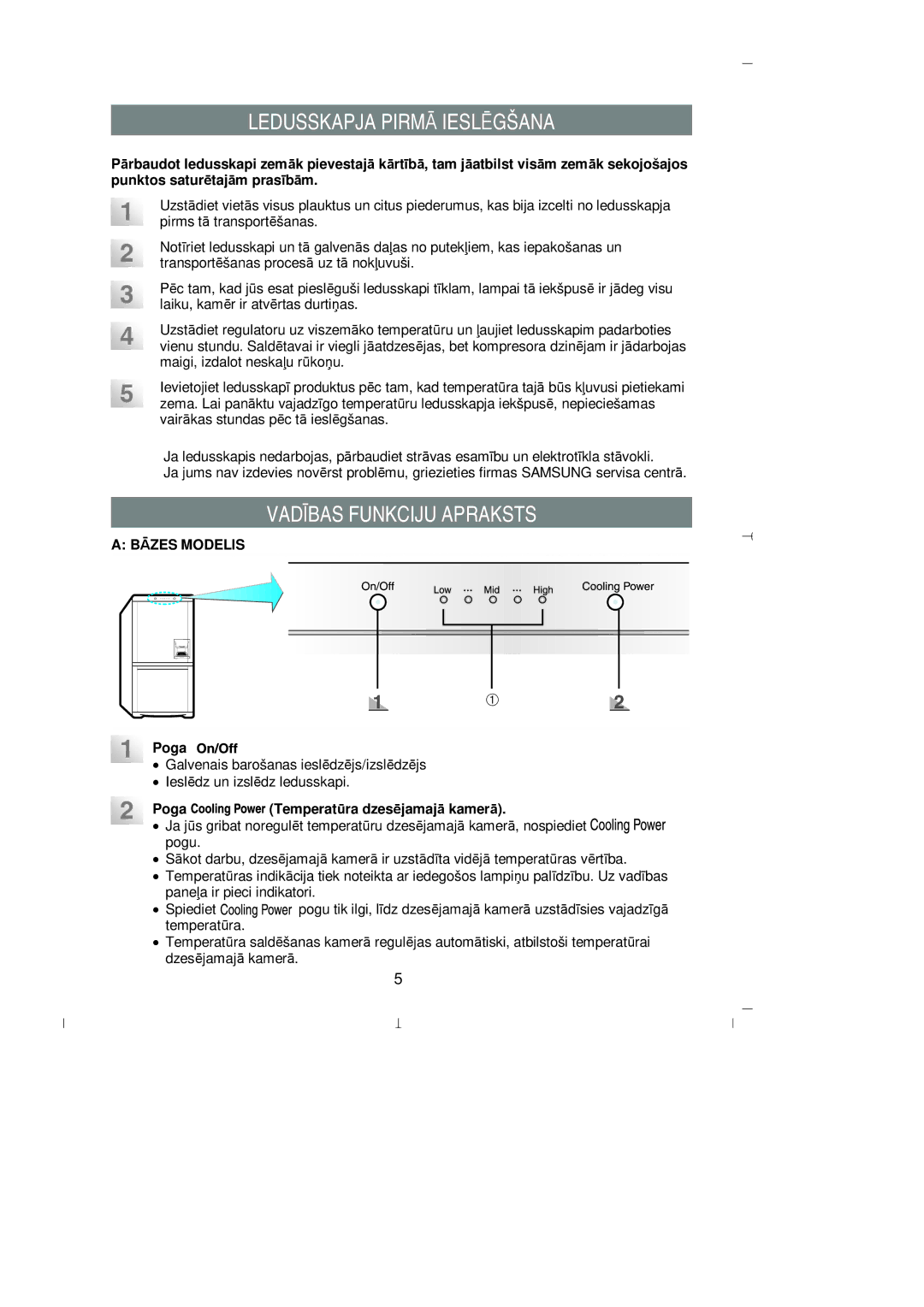 Samsung RL39WBMS1/XEK, RL36EBSW1/XEK Ledusskapja Pirmā Ieslēgšana, Vadības Funkciju Apraksts, Bāzes Modelis, Poga Barošana 