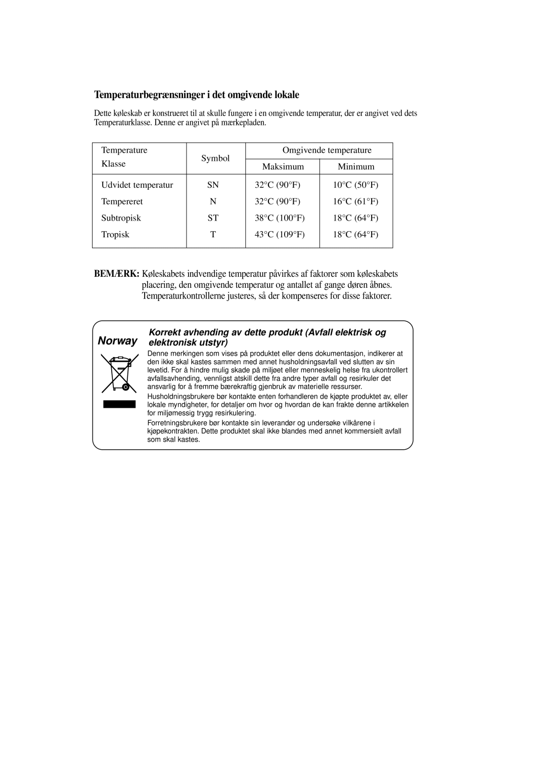 Samsung RL39WBSM1/XEE manual Temperaturbegrænsninger i det omgivende lokale 