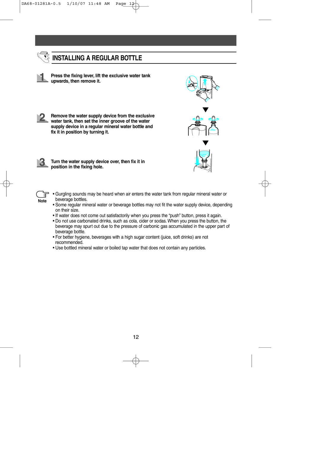 Samsung RL38SBSW1/XEH, RL39WBSM1/XEG, RL38SBSW1/XET, RL39WBSM1/BUL, RL39WBSM1/XEH, RL39WBSM1/LIB Installing a Regular Bottle 