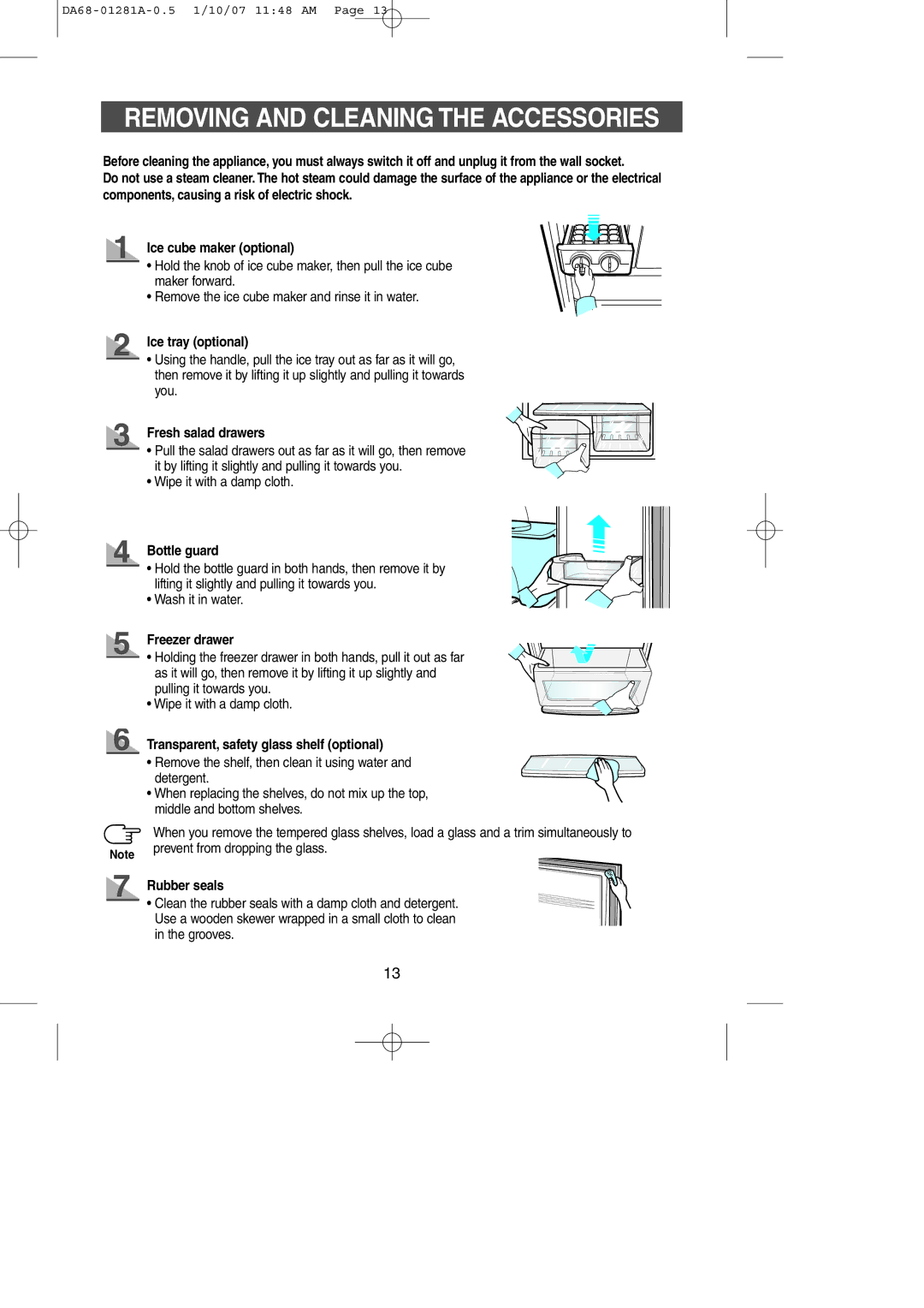 Samsung RL38SBSW1/XEN manual Removing and Cleaning the Accessories, Ice tray optional, Freezer drawer, Rubber seals 