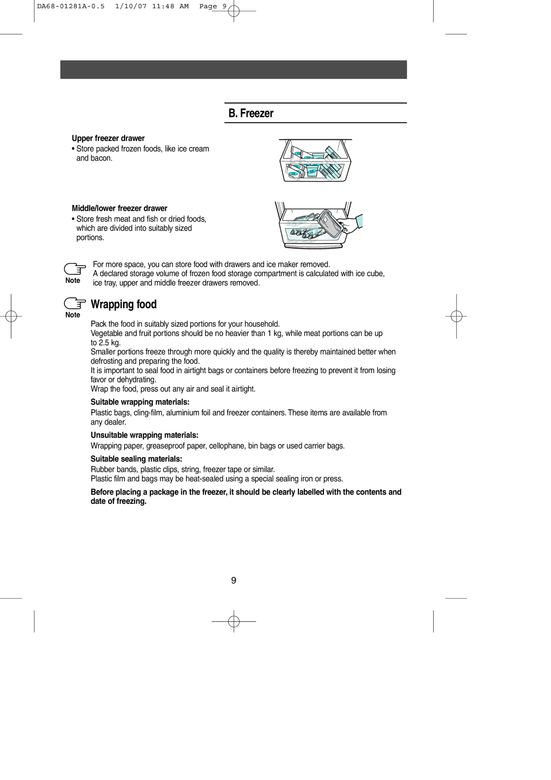 Samsung RL39WBSM1/BUL, RL39WBSM1/XEG, RL38SBSW1/XET, RL39WBSM1/XEH, RL39WBSM1/LIB, RL38SBSW1/XEH manual Freezer, Wrapping food 