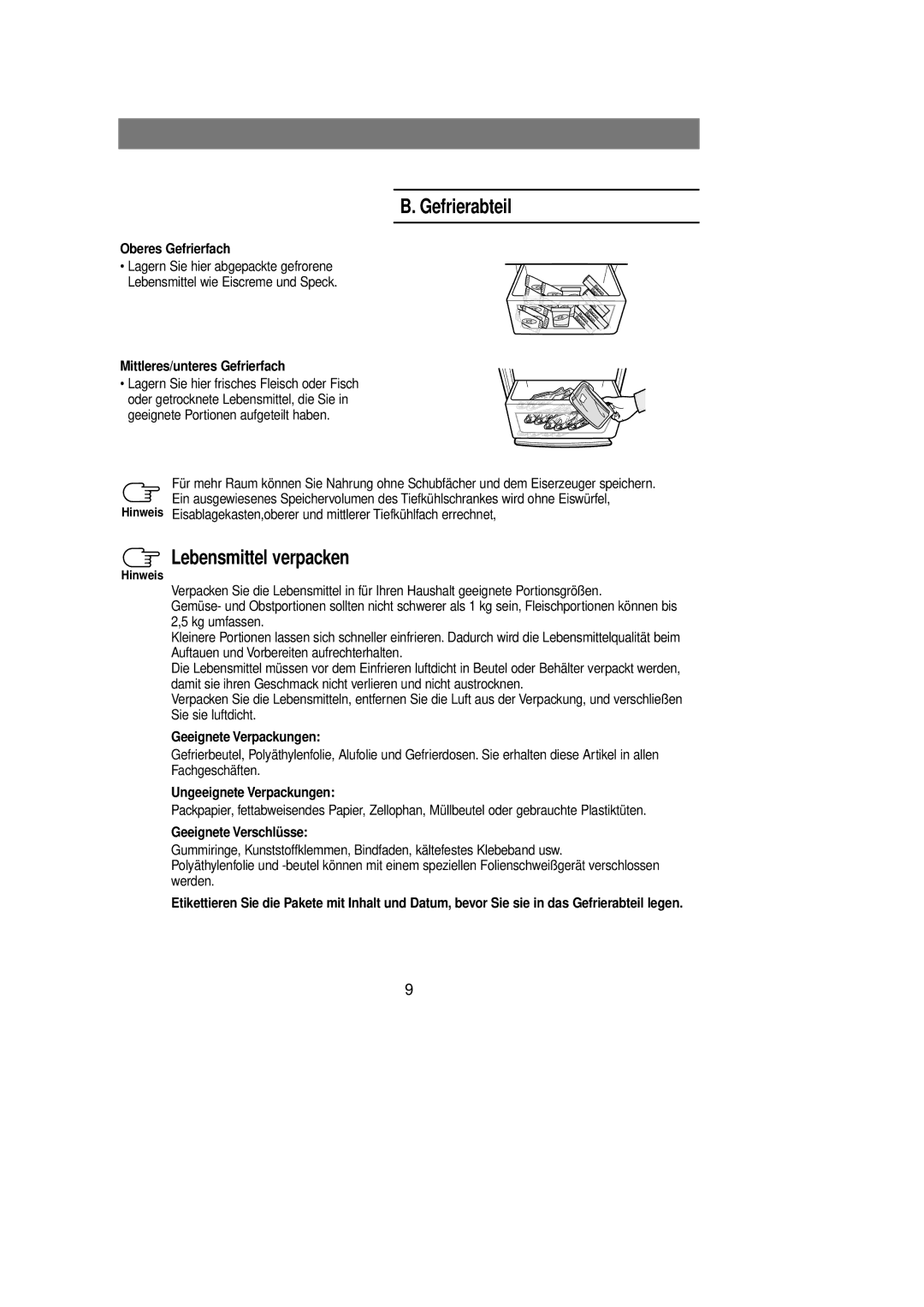 Samsung RL39WBSM1/XET, RL36SBSM1/XEG, RL39WBSM1/XEG, RL39WBSW2/XEG, RL39WBSM2/XEG manual Gefrierabteil, Lebensmittel verpacken 