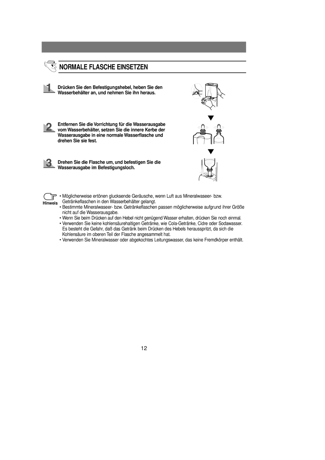 Samsung RL39WBSW2/XEG, RL39WBSM1/XET, RL36SBSM1/XEG, RL39WBSM1/XEG, RL39WBSM2/XEG manual Normale Flasche Einsetzen 