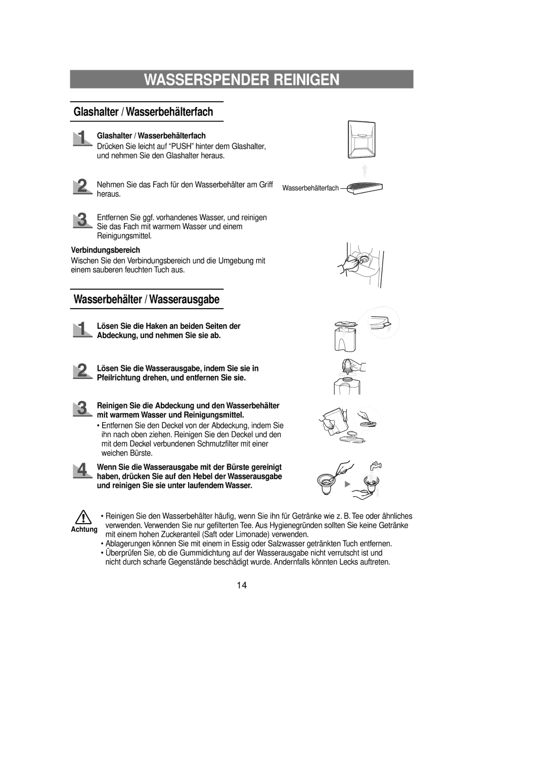 Samsung RL39WBSM1/XET manual Wasserspender Reinigen, Glashalter / Wasserbehälterfach, Wasserbehälter / Wasserausgabe 