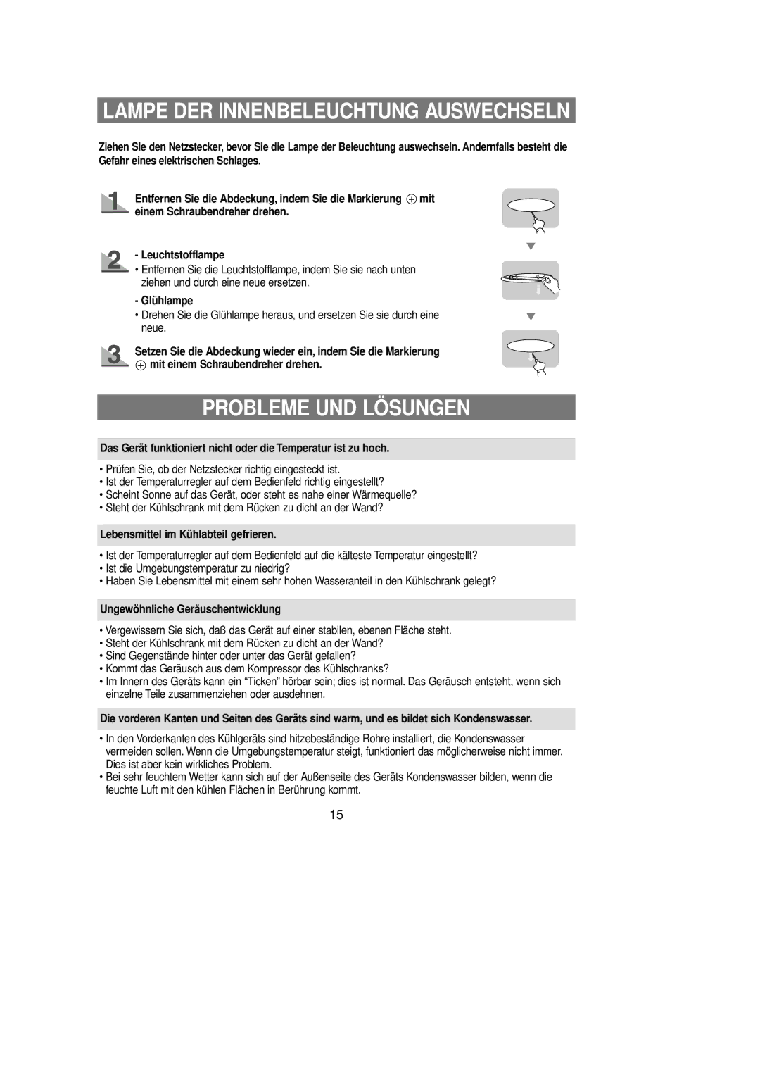 Samsung RL36SBSM1/XEG, RL39WBSM1/XET, RL39WBSM1/XEG Probleme UND Lösungen, Glühlampe, Lebensmittel im Kühlabteil gefrieren 