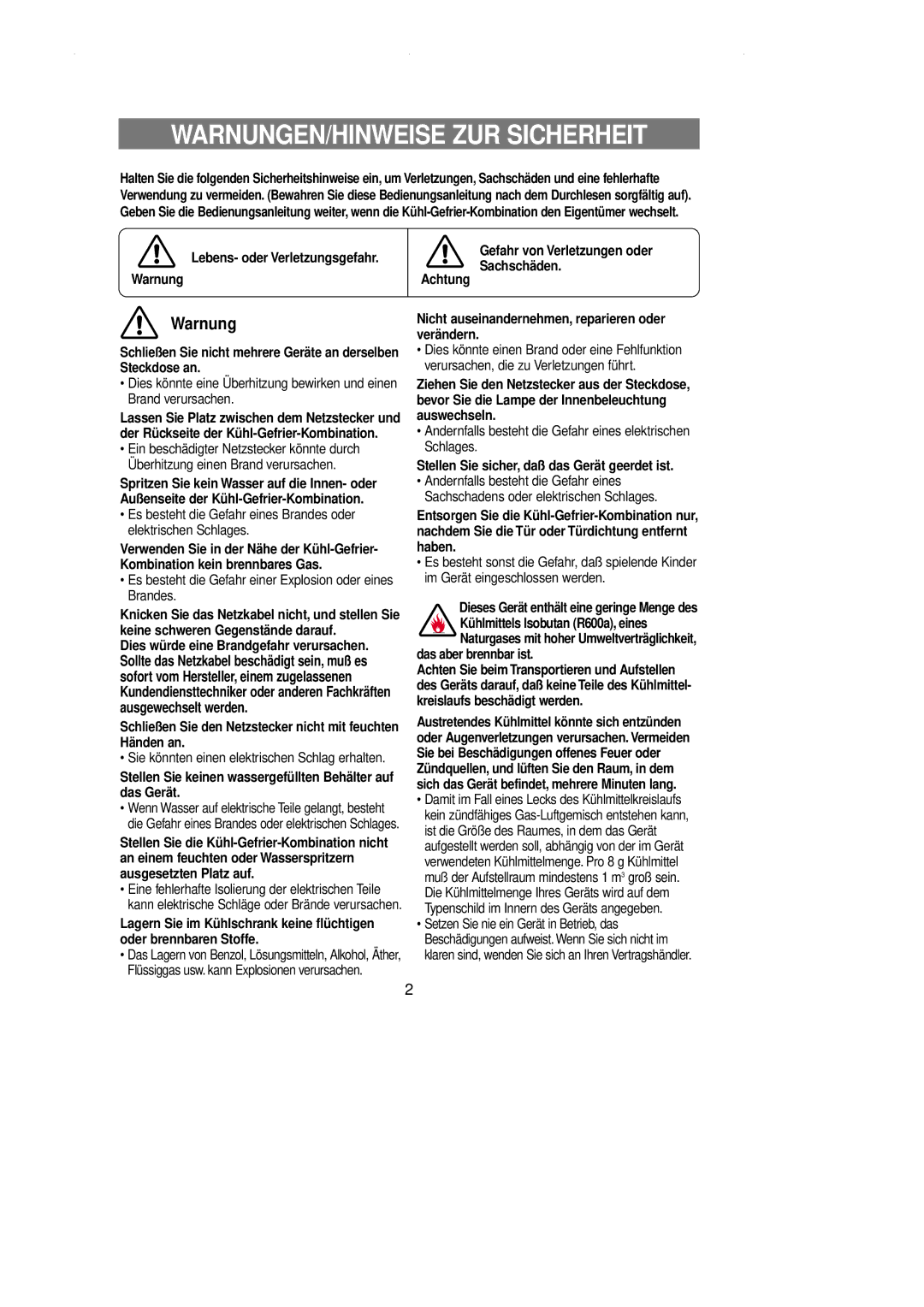 Samsung RL39WBSW2/XEG, RL39WBSM1/XET, RL36SBSM1/XEG, RL39WBSM1/XEG, RL39WBSM2/XEG manual WARNUNGEN/HINWEISE ZUR Sicherheit 