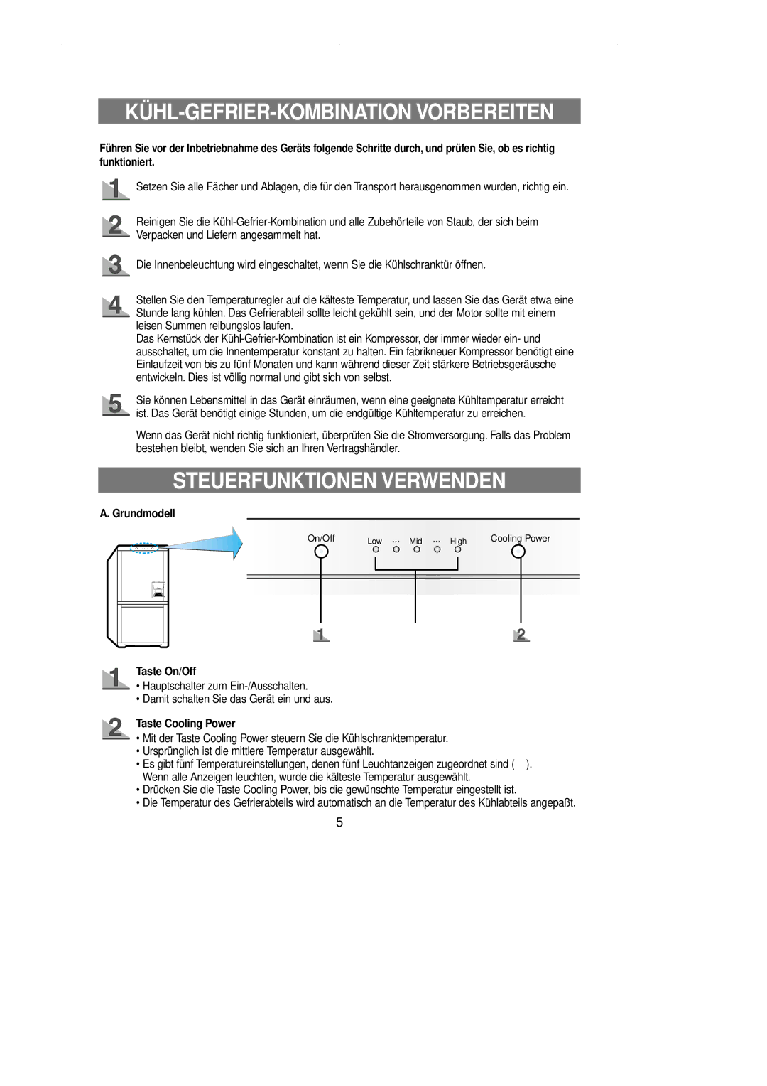 Samsung RL36SBSM1/XEG manual KÜHL-GEFRIER-KOMBINATION Vorbereiten, Steuerfunktionen Verwenden, Grundmodell, Taste On/Off 