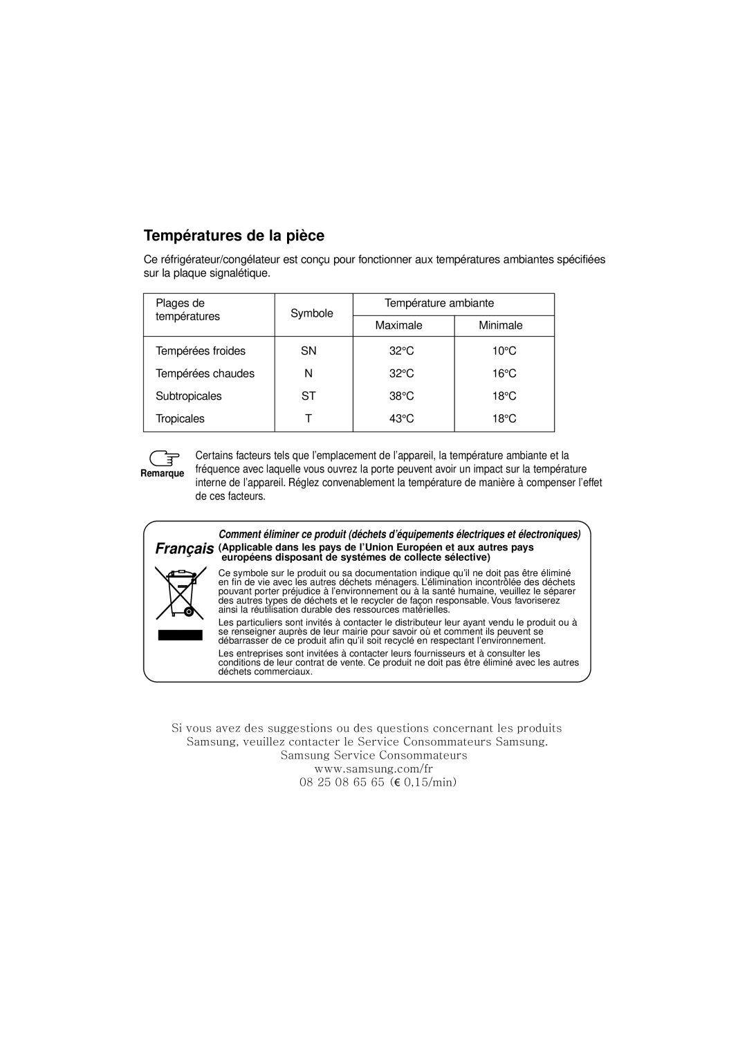 Samsung RL36EBSW1/XEF, RL39WBSW1/CAH, RL38SBSW1/XEF, RL39WBMS1/XEF, RL36SBSW1/CAF Températures de la pièce, De ces facteurs 