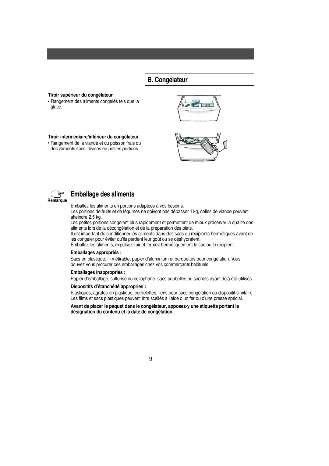 Samsung RL36SBSM1/XEF, RL39WBSW1/CAH, RL38SBSW1/XEF, RL39WBMS1/XEF, RL36SBSW1/CAF manual Congélateur, Emballage des aliments 