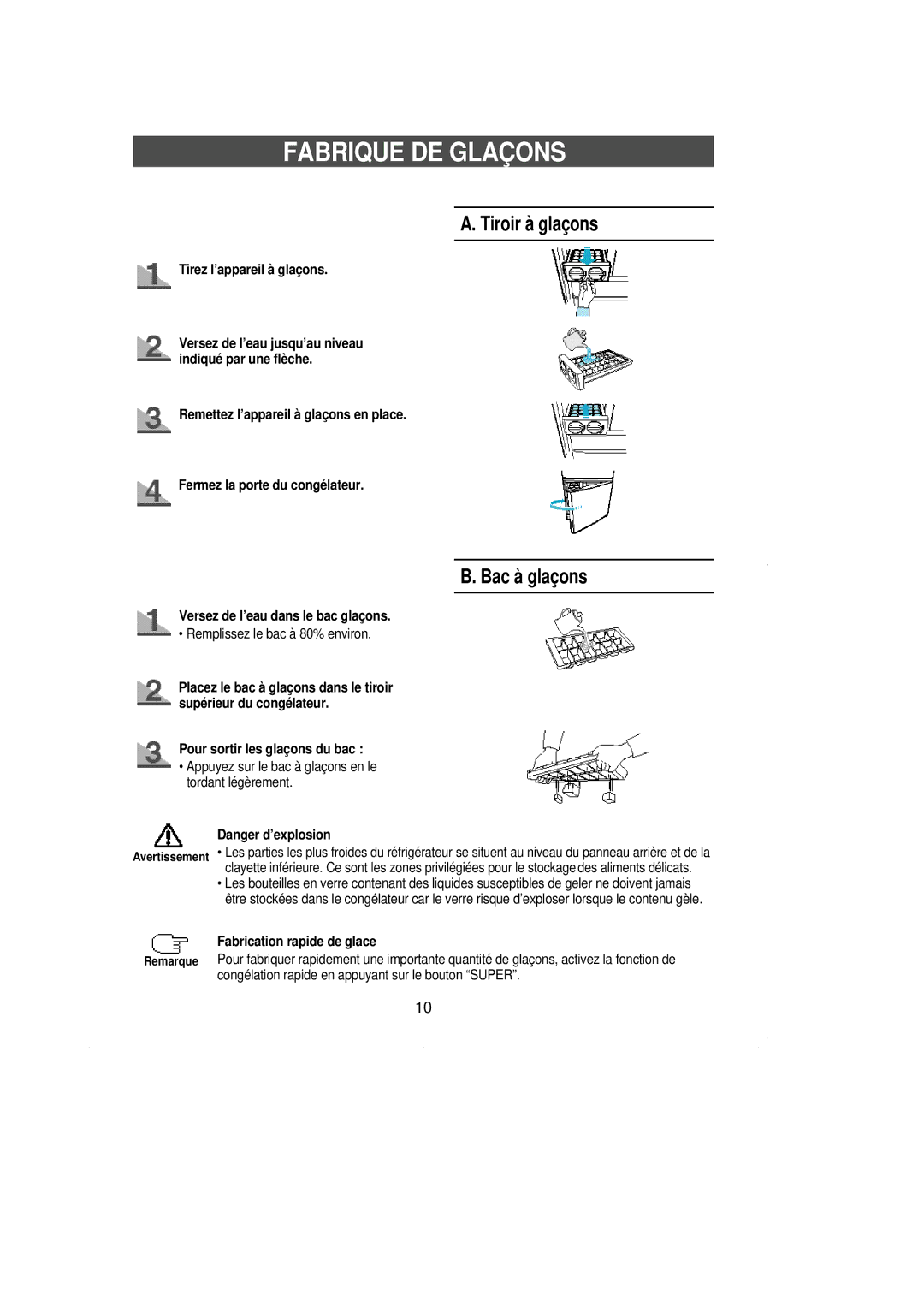 Samsung RL36EBSM1/XET, RL39WBSW1/CAH, RL38SBSW1/XEF, RL39WBMS1/XEF manual Fabrique DE Glaçons, Tiroir à glaçons, Bac à glaçons 