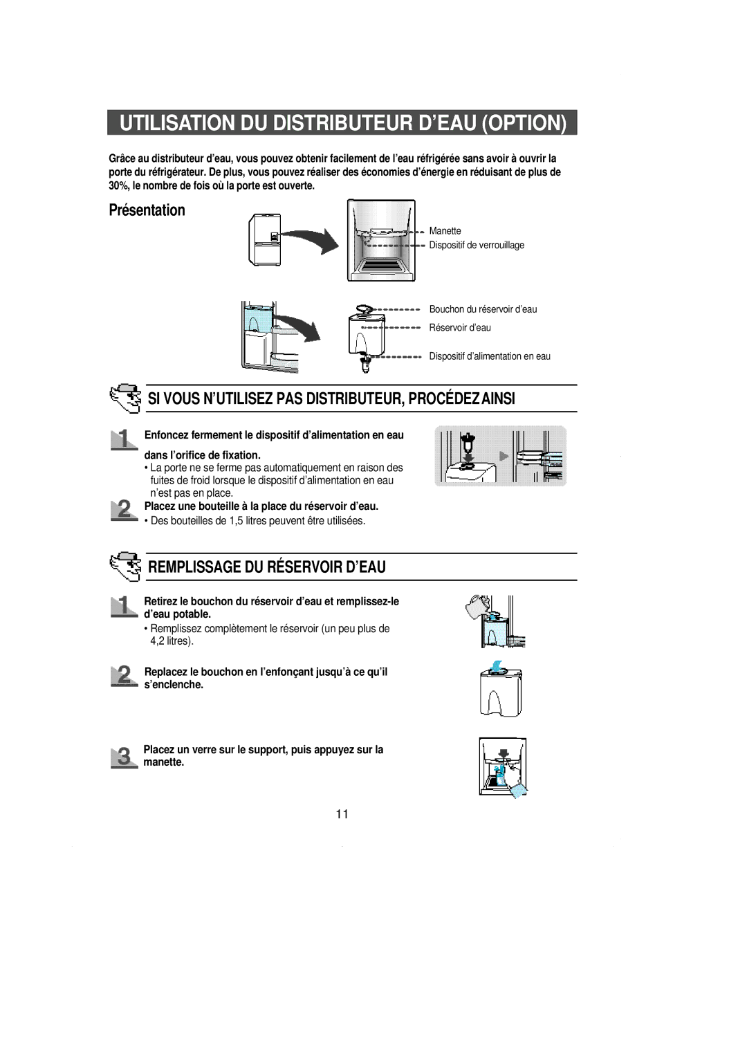 Samsung RL36EBSM1/XEF, RL39WBSW1/CAH, RL38SBSW1/XEF manual Présentation, Placez une bouteille à la place du réservoir d’eau 