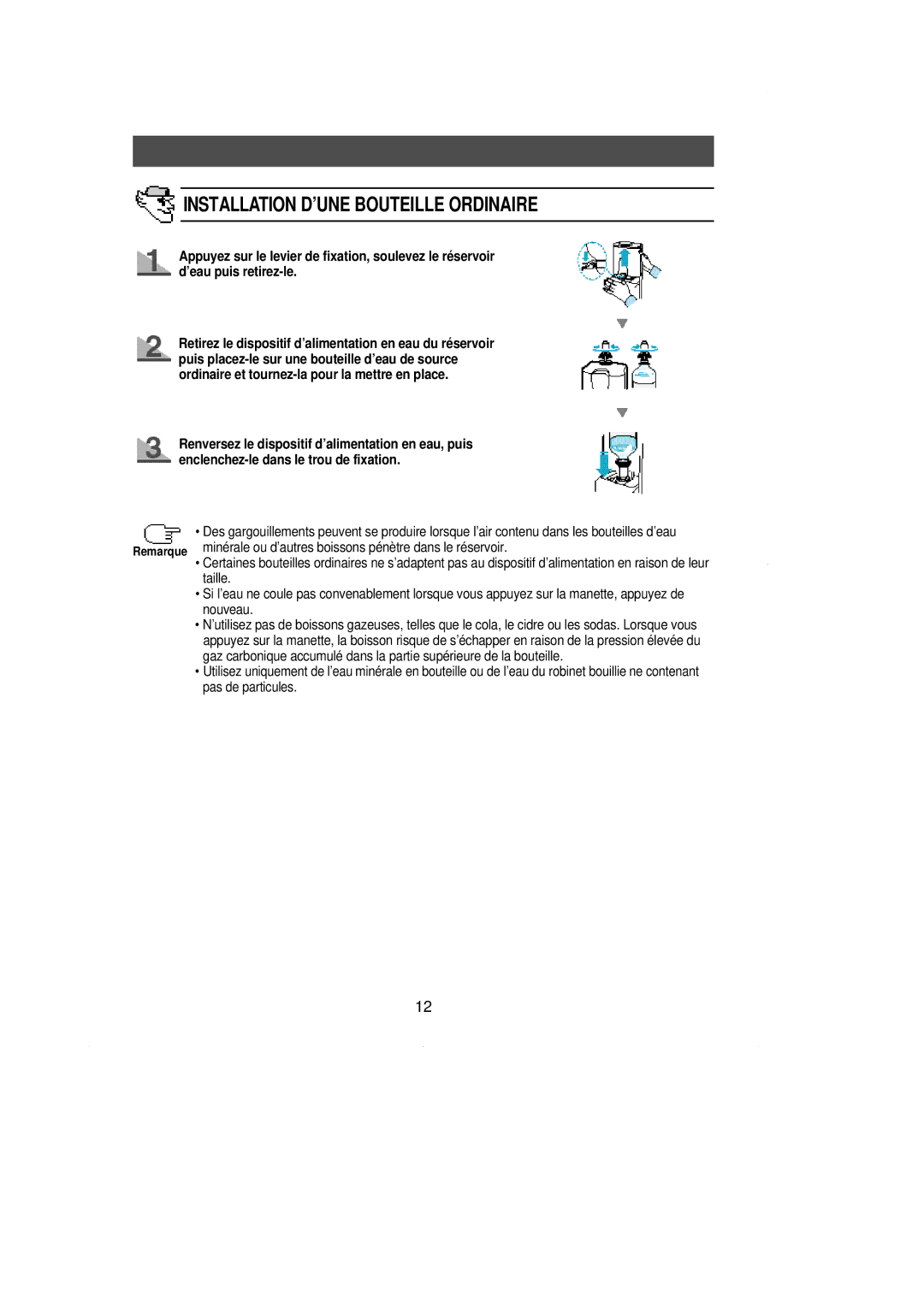 Samsung RL39WBSW1/CAH, RL38SBSW1/XEF, RL39WBMS1/XEF, RL36SBSW1/CAF, RL39WBSW1/CAF manual Installation D’UNE Bouteille Ordinaire 