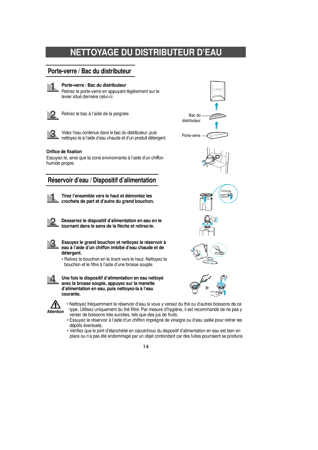 Samsung RL39WBMS1/XEF manual Nettoyage DU Distributeur D’EAU, Porte-verre / Bac du distributeur, Orifice de fixation 