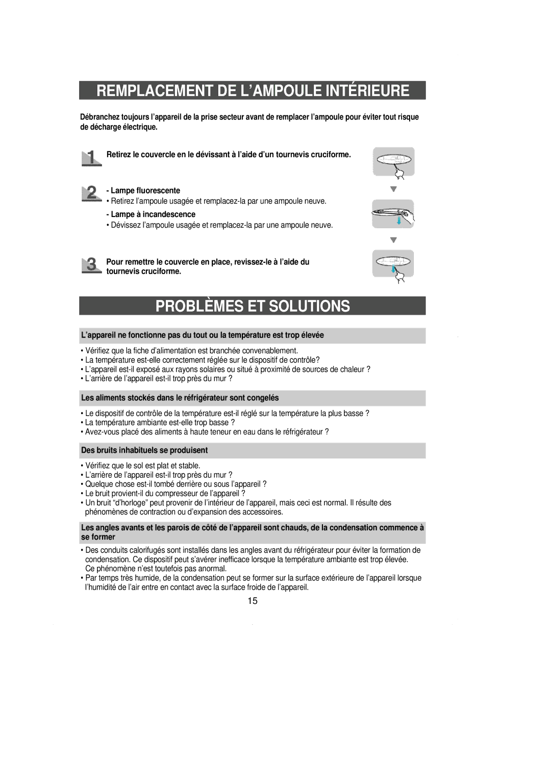 Samsung RL36SBSW1/CAF, RL39WBSW1/CAH Remplacement DE L’AMPOULE Intérieure, Problèmes ET Solutions, Lampe à incandescence 